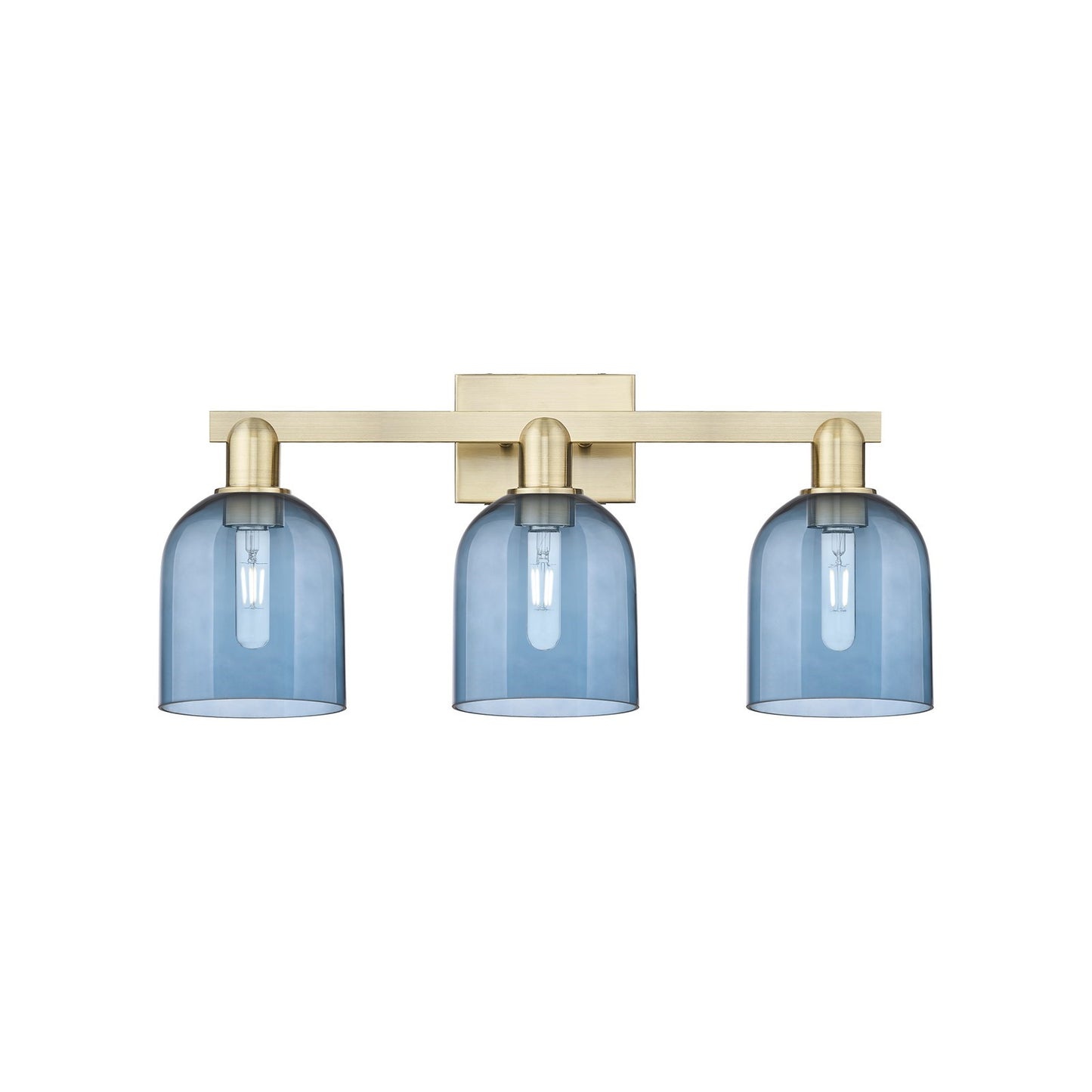 Innovations Bella 25in 3-Light Bath Vanity Light | Industrial Antique Brass and Blue Glass | Bathroom Vanity | 24.5 x 11.25 in | Model 716-3W-AB-G558-6BL