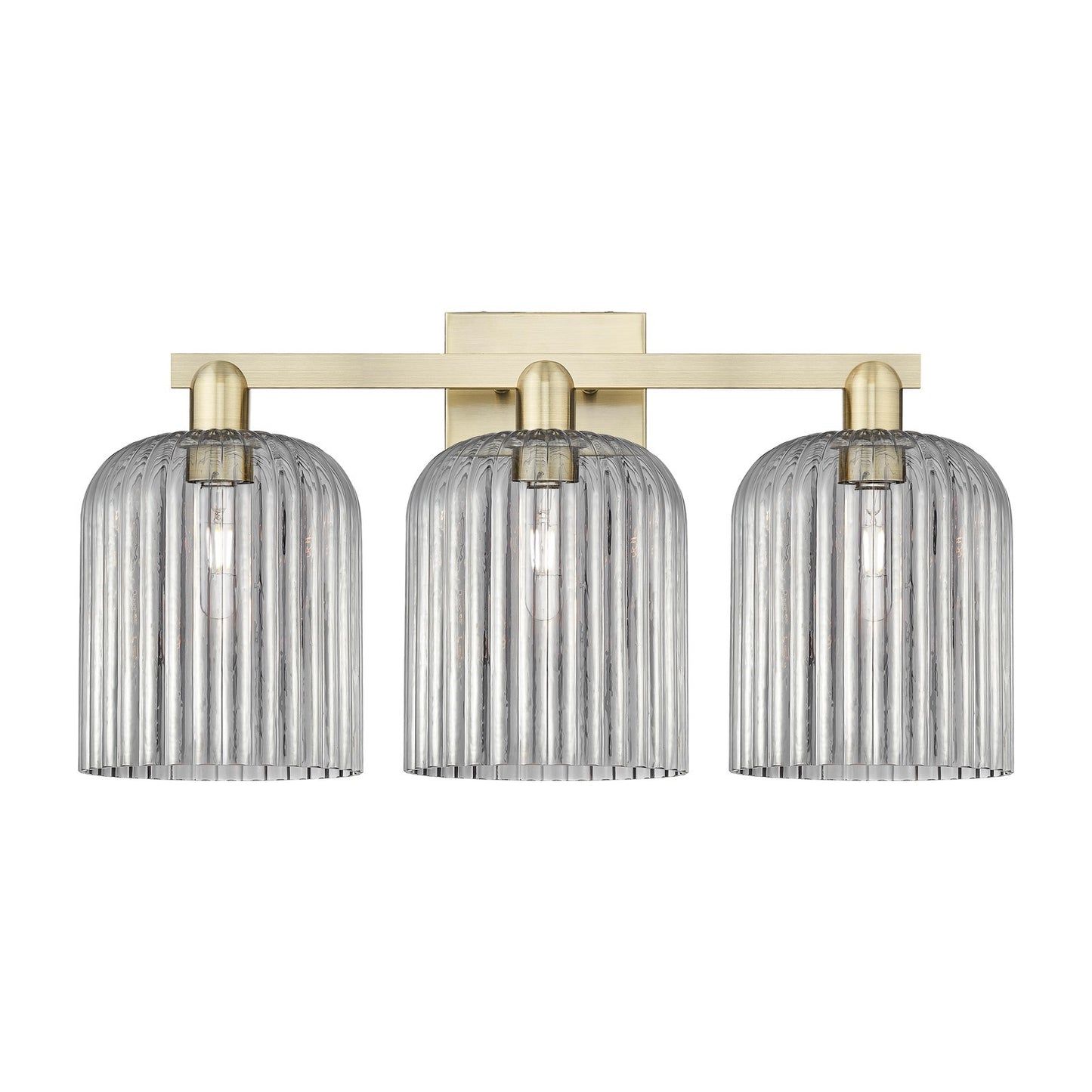 Innovations Bridal Veil 27in 3-Light Bath Vanity | Industrial Antique Brass and Light Smoke Ribbed Glass | Bathroom Vanity | Model 716-3W-AB-G559-8SM