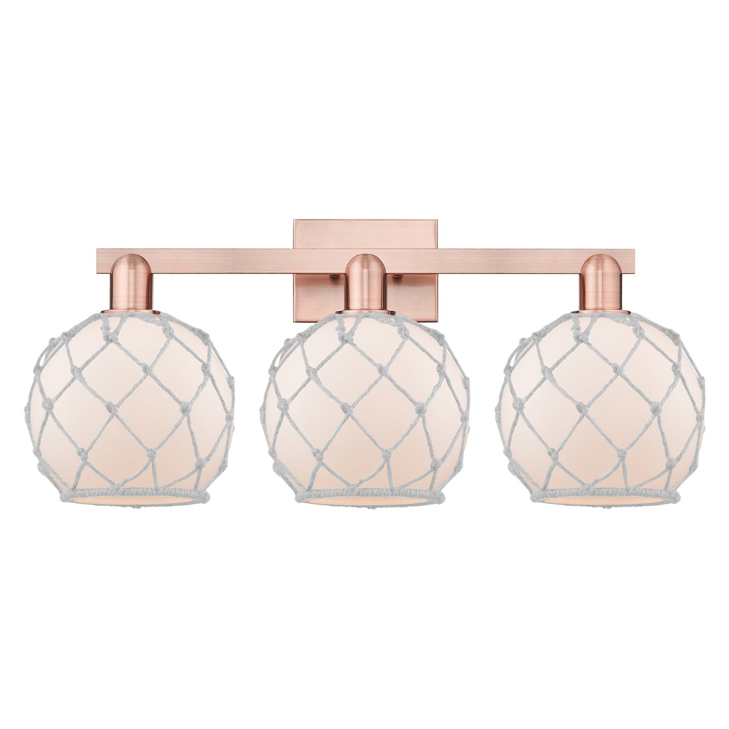 Innovations Farmhouse Rope 27in 3-Light Bath Vanity | Industrial Antique Copper Steel and White Frosted Glass with Rope | Model 716-3W-AC-G121-8RW