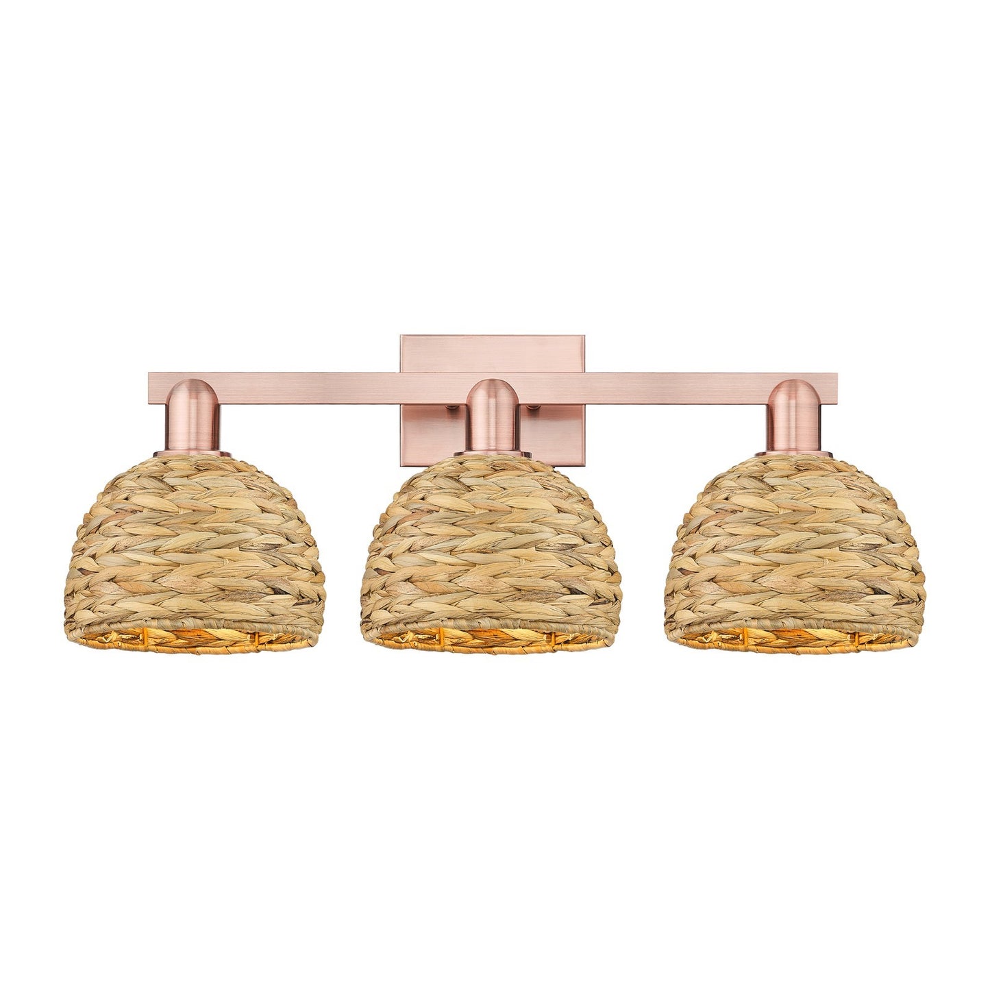 Innovations Woven Rattan 27in 3-Light Bath Vanity Light | Industrial Antique Copper and Natural Fiber Shade | Bathroom Vanity | Model 716-3W-AC-RBD-8-NAT