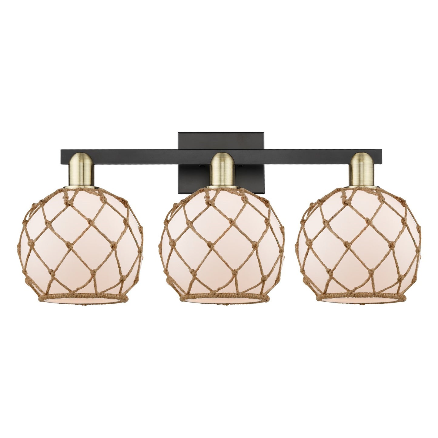 Innovations Farmhouse Rope 27in 3-Light Bath Vanity Light | Industrial Black Antique Brass and White Glass with Brown Rope | Model 716-3W-BAB-G121-8RB