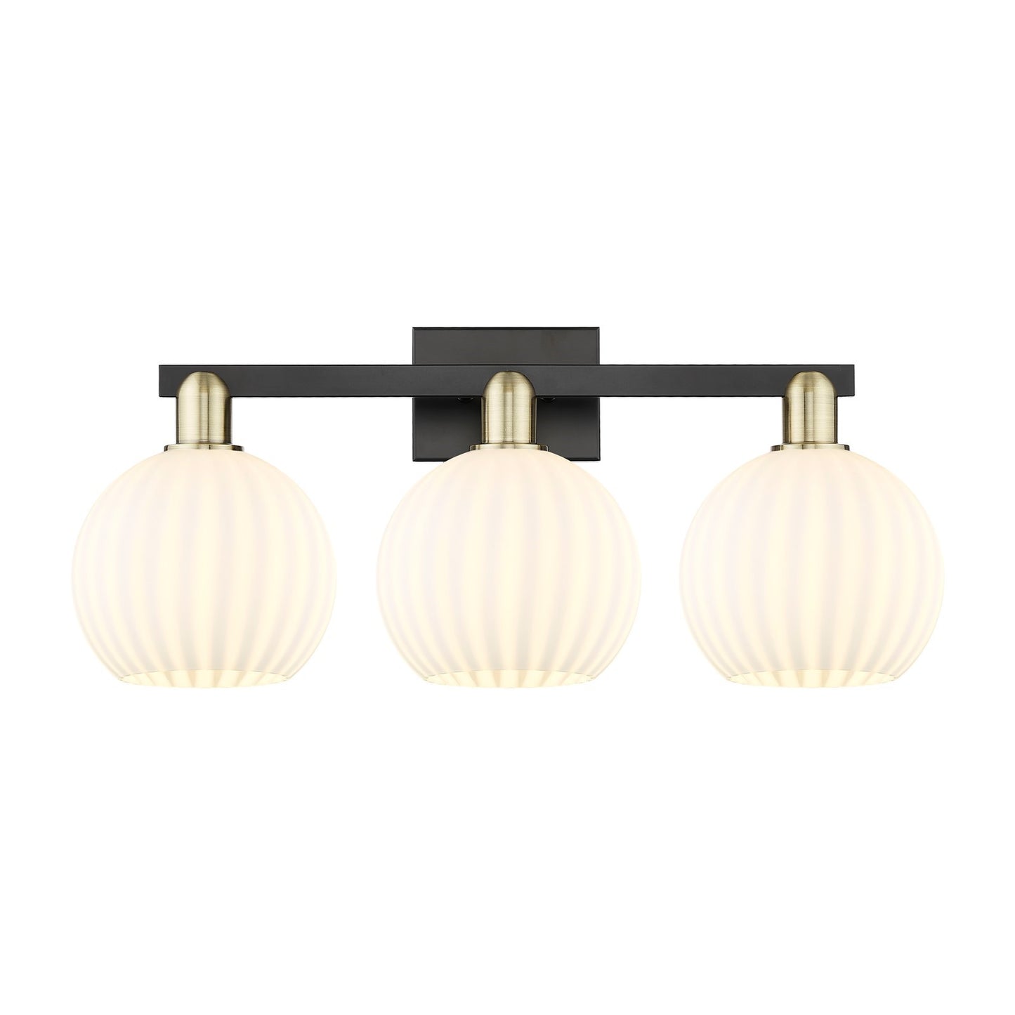 Innovations Lighting Arcadia 27in 3-Light Bath Vanity Light | Industrial Black Antique Brass and White Venetian Glass | Model 716-3W-BAB-G1217-8WV