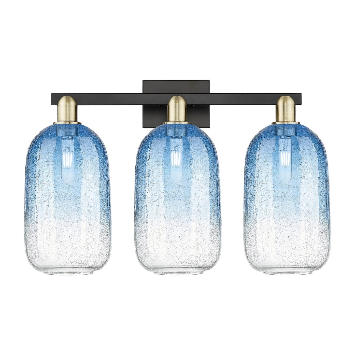 Innovations Brookhaven Cloche 26in 3-Light Bath Vanity Light | Industrial Black Antique Brass and Sapphire Blue Glass | Model 716-3W-BAB-G482-7SB