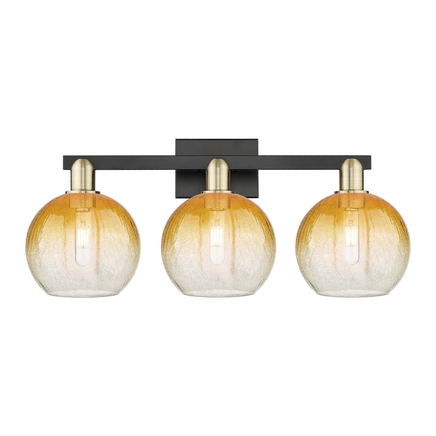 Innovations Brookhaven Globe 27in 3-Light Bath Vanity Light | Industrial Black Antique Brass and Amber Glass | Damp Rated | Model 716-3W-BAB-G483-8AM