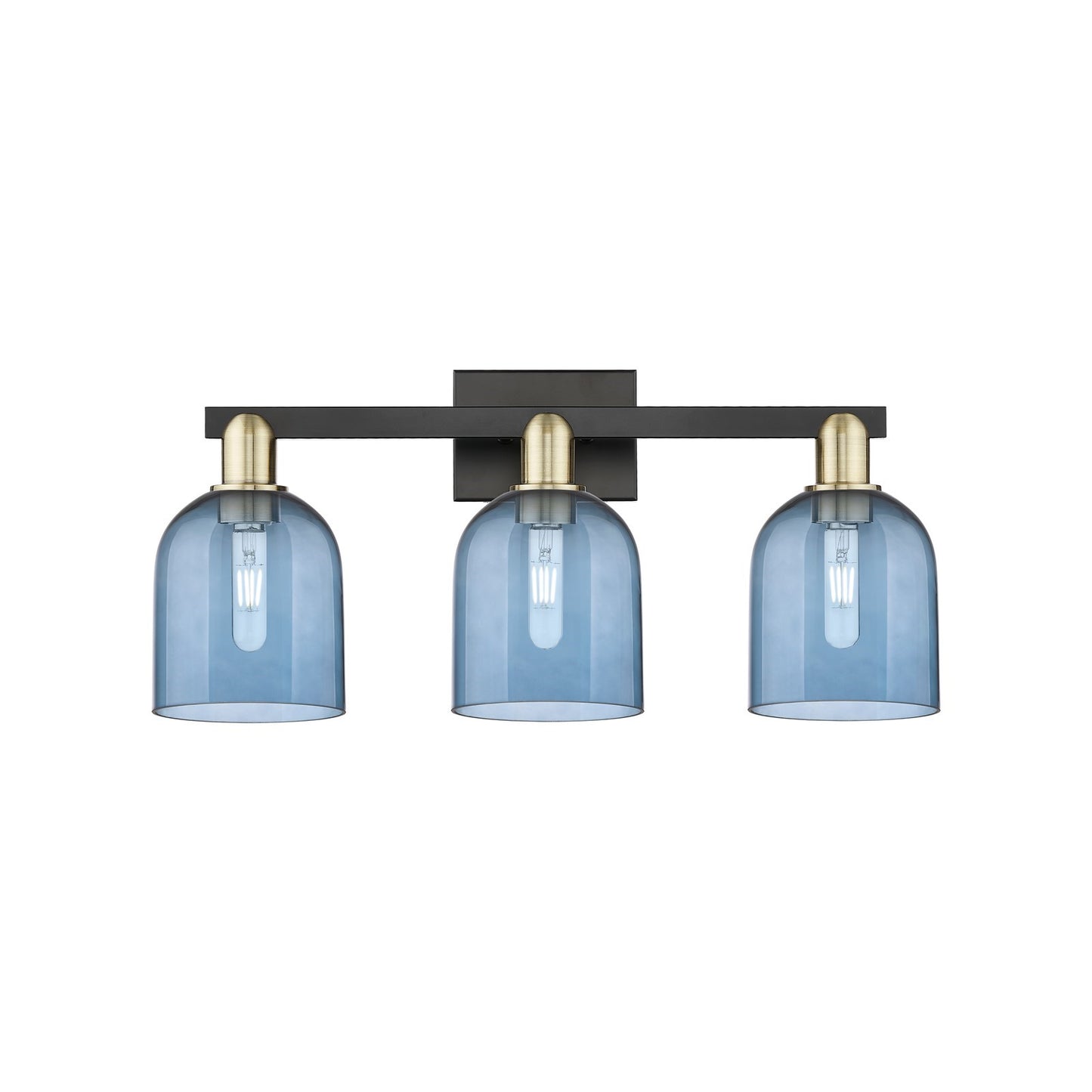 Innovations Bella 24.5in 3-Light Bath Vanity Light | Industrial Black Antique Brass Steel and Blue Glass | Bathroom Vanity | Model 716-3W-BAB-G558-6BL