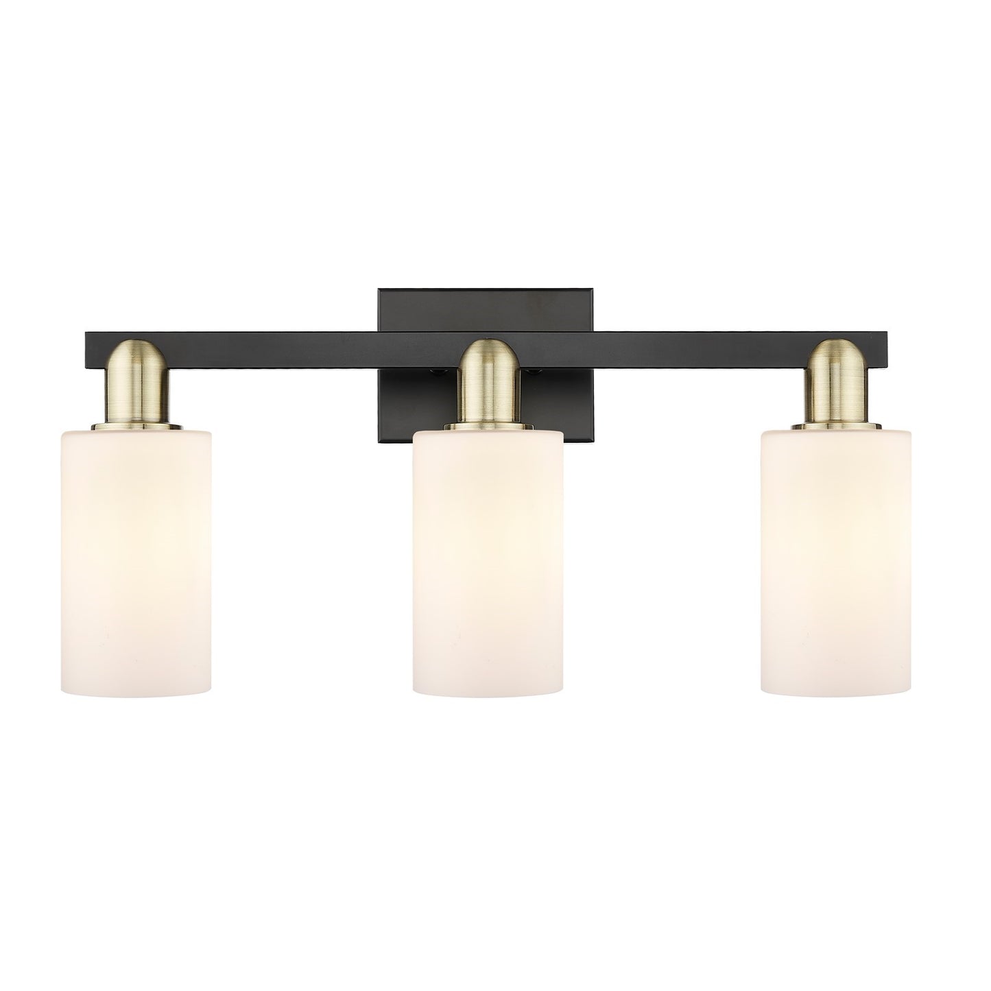 Innovations Clymer 23in 3-Light Bath Vanity | Industrial Black Antique Brass and Matte White Glass | Bathroom Vanity Light | 22.88 | Model 716-3W-BAB-G801