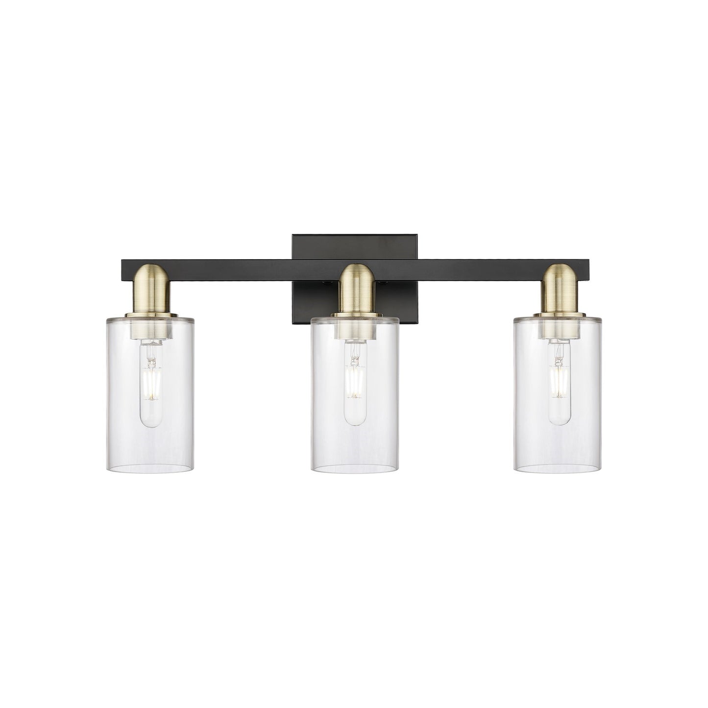 Innovations Clymer 23in 3-Light Bath Vanity | Industrial Black Antique Brass and Clear Glass | Bathroom Vanity Light | 22.88 x | Model 716-3W-BAB-G802
