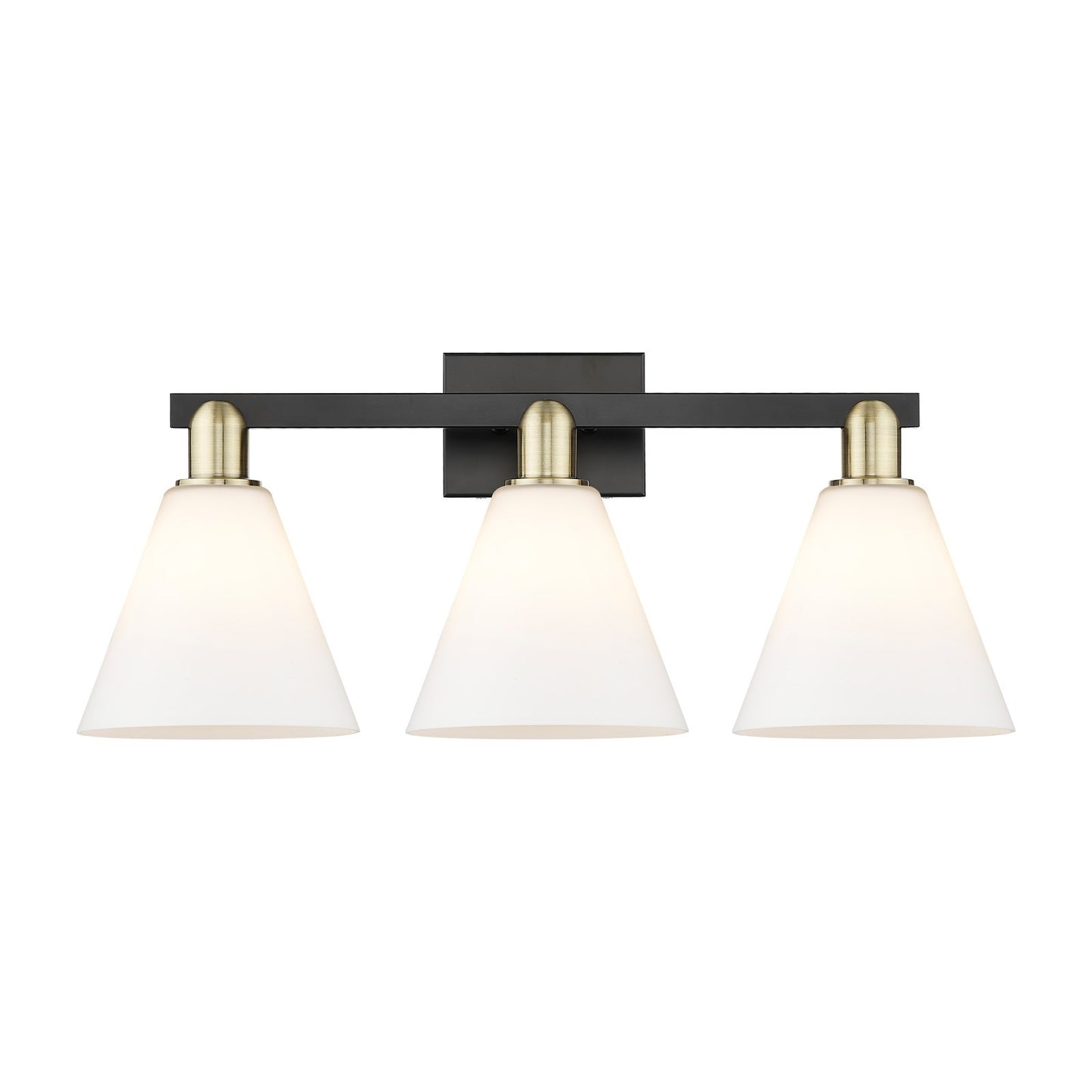 Innovations Berkshire Glass 26in 3-Light Bath Vanity Light | Industrial Black Antique Brass and Matte White Glass | Bathroom | Model 716-3W-BAB-GBC-81