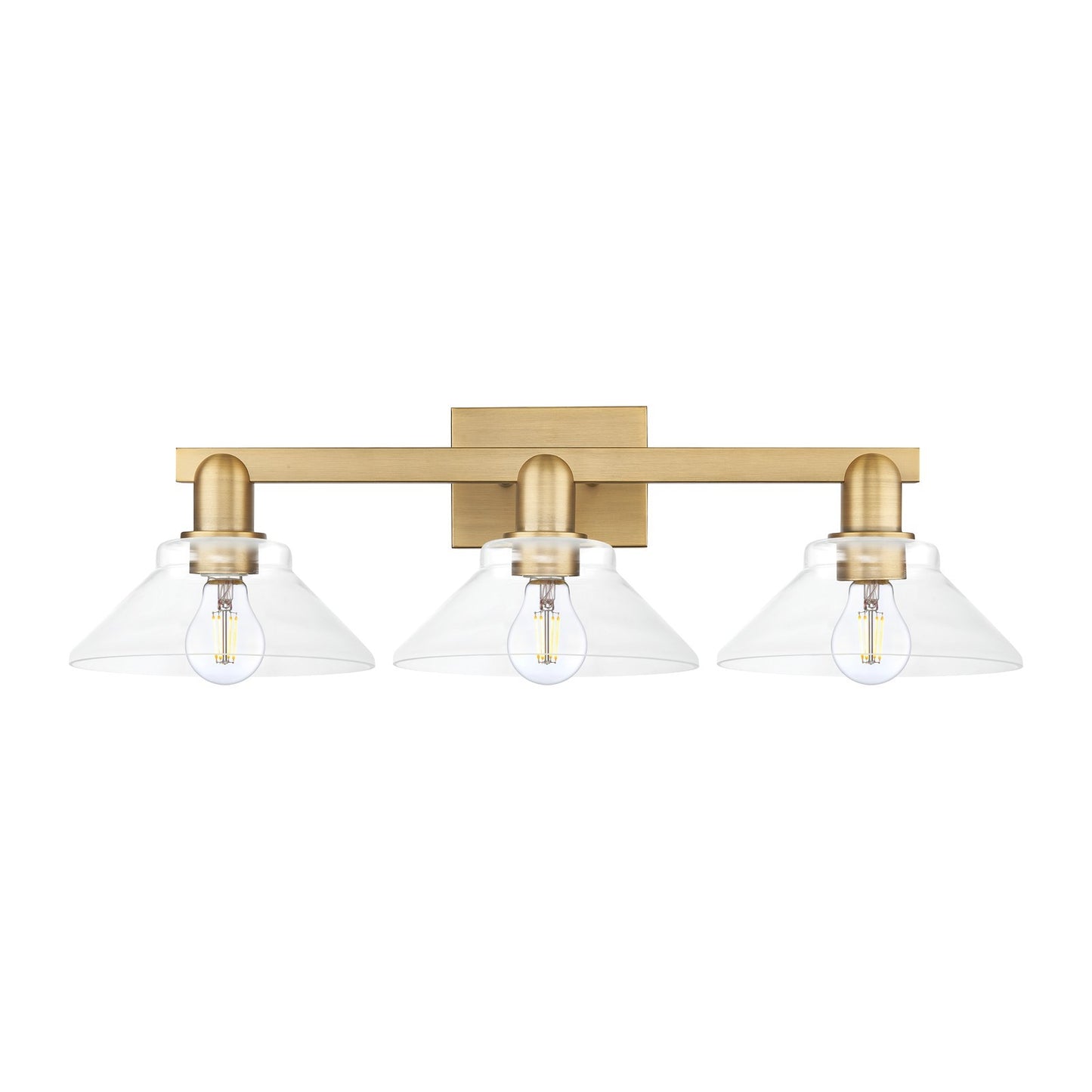 Innovations Orwell 27in 3-Light Bath Vanity Light | Industrial Brushed Brass Steel and Clear Cone Glass | Bathroom Vanity | 27.38 x | Model 716-3W-BB-G132