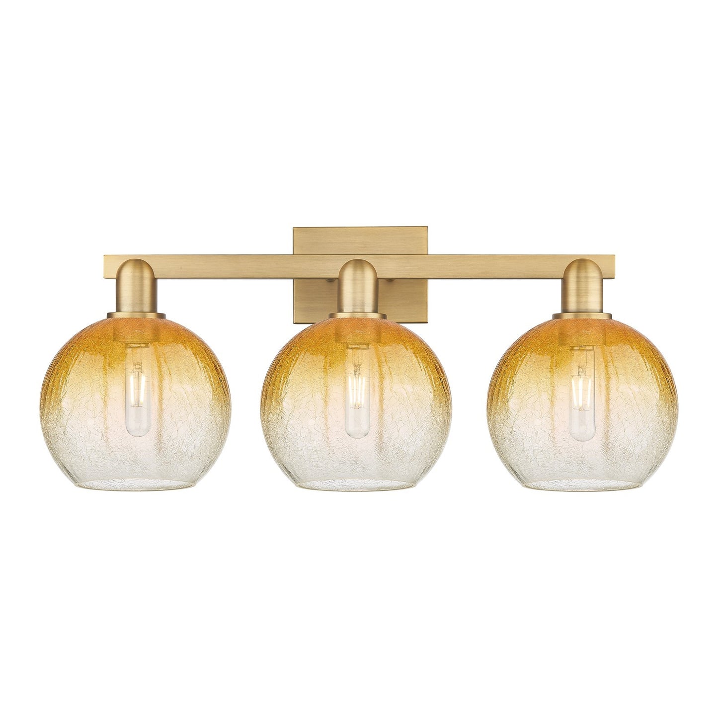 Innovations Brookhaven Globe 27in 3-Light Bath Vanity | Industrial Brushed Brass and Amber Glass | Bathroom Vanity & Powder | Model 716-3W-BB-G483-8AM
