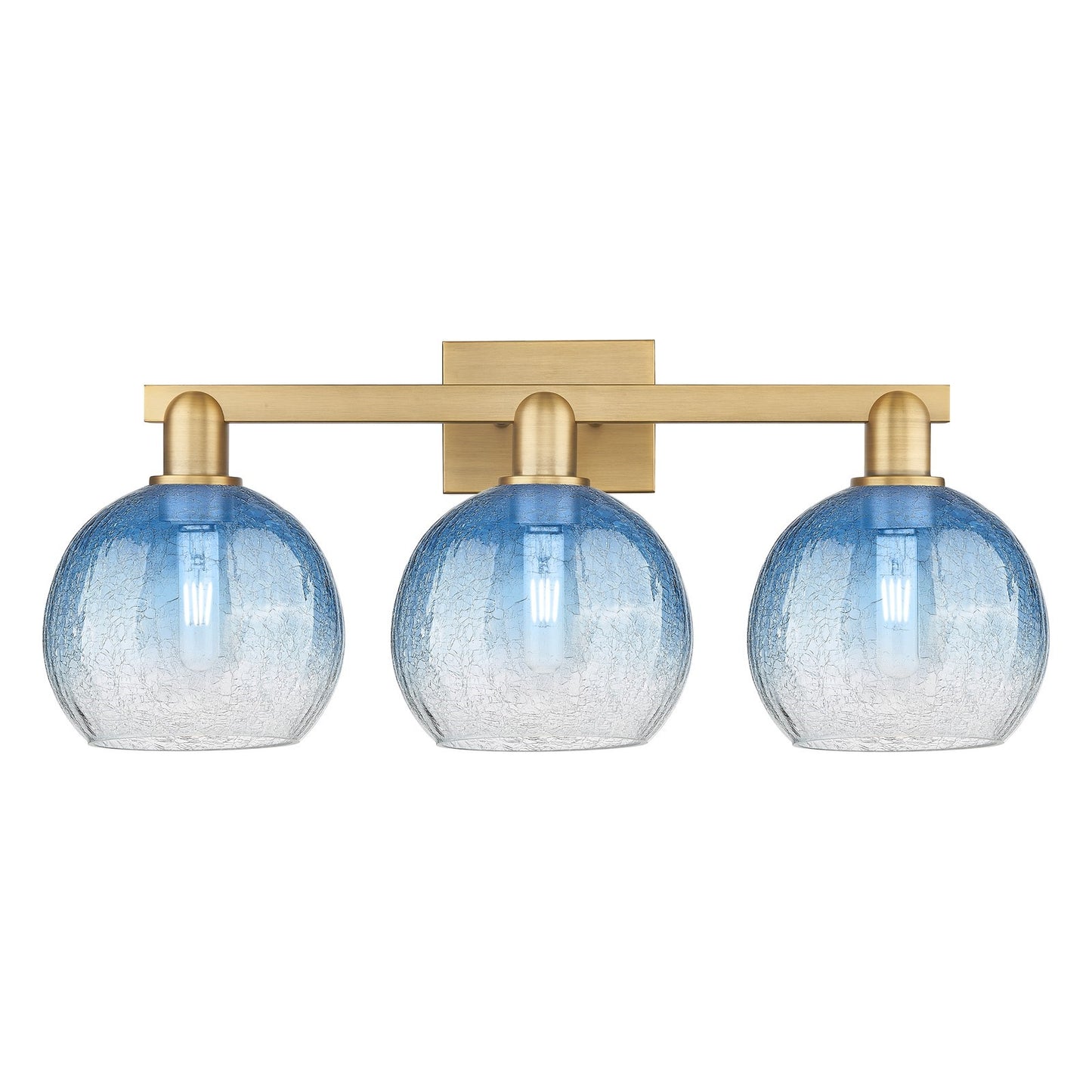 Innovations Brookhaven Globe 27in 3-Light Bath Vanity Light | Industrial Brushed Brass and Sapphire Blue Glass | Bathroom | Model 716-3W-BB-G483-8SB