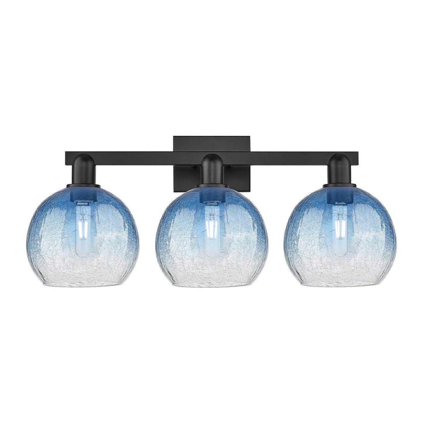 Innovations Brookhaven Globe 27in 3-Light Bath Vanity | Industrial Matte Black Steel and Sapphire Blue Glass | Bathroom Vanity | Model 716-3W-BK-G483-8SB