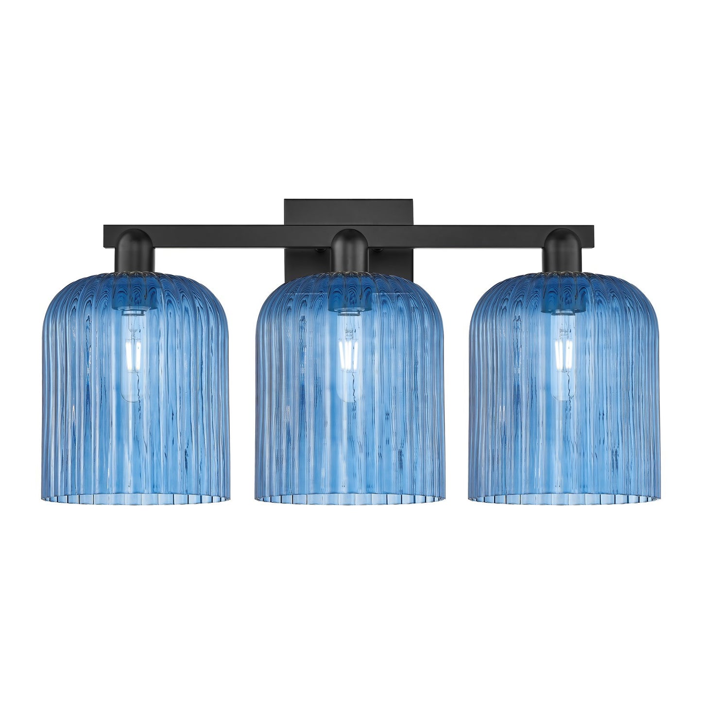 Innovations Bridal Veil 27in 3-Light Bath Vanity Light | Industrial Matte Black Steel and Princess Blue Ribbed Glass | Bathroom | Model 716-3W-BK-G559-8BL