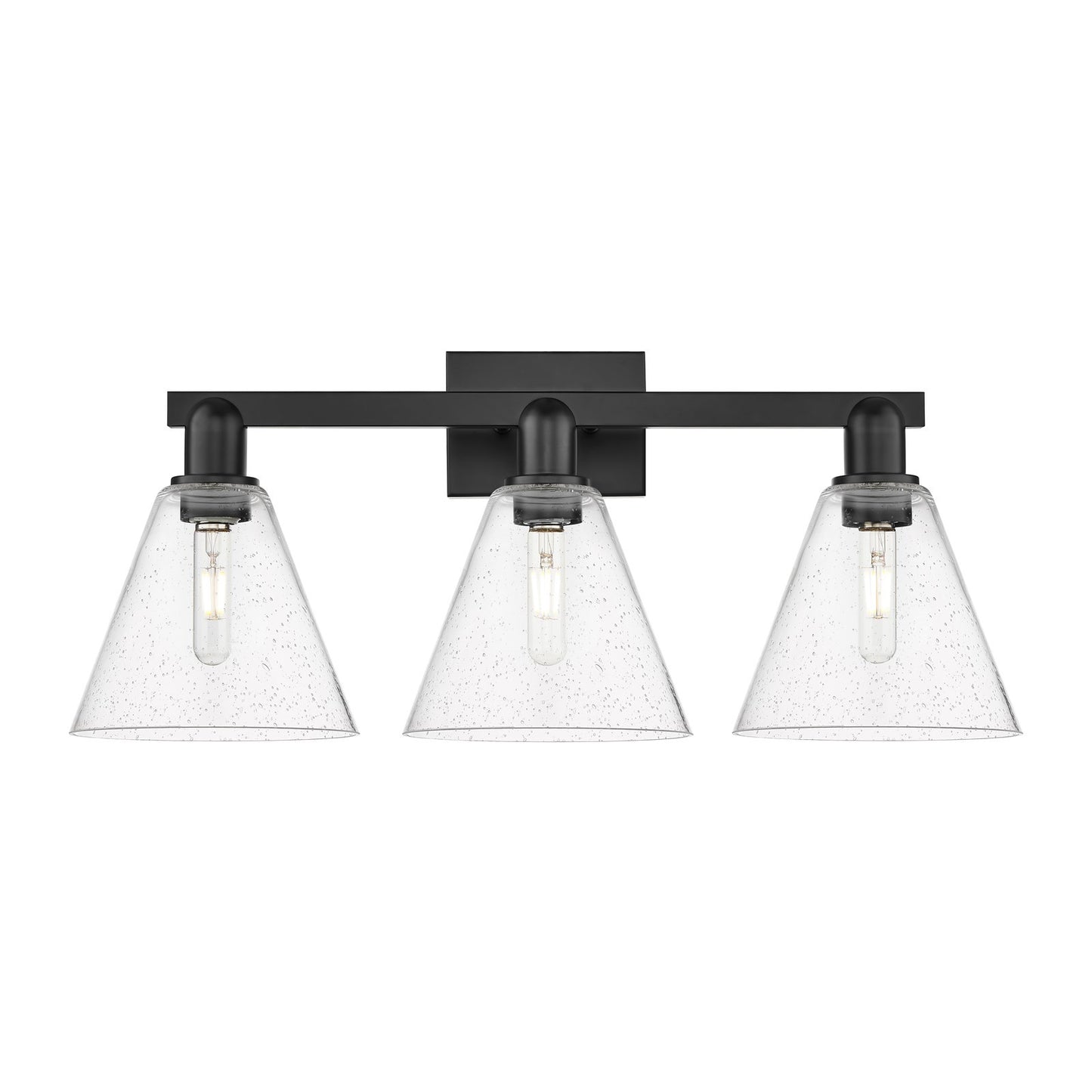 Innovations Berkshire 26in 3-Light Bath Vanity | Industrial Matte Black Steel and Seedy Glass | Bathroom Vanity Light | 26 x | Model 716-3W-BK-GBC-84