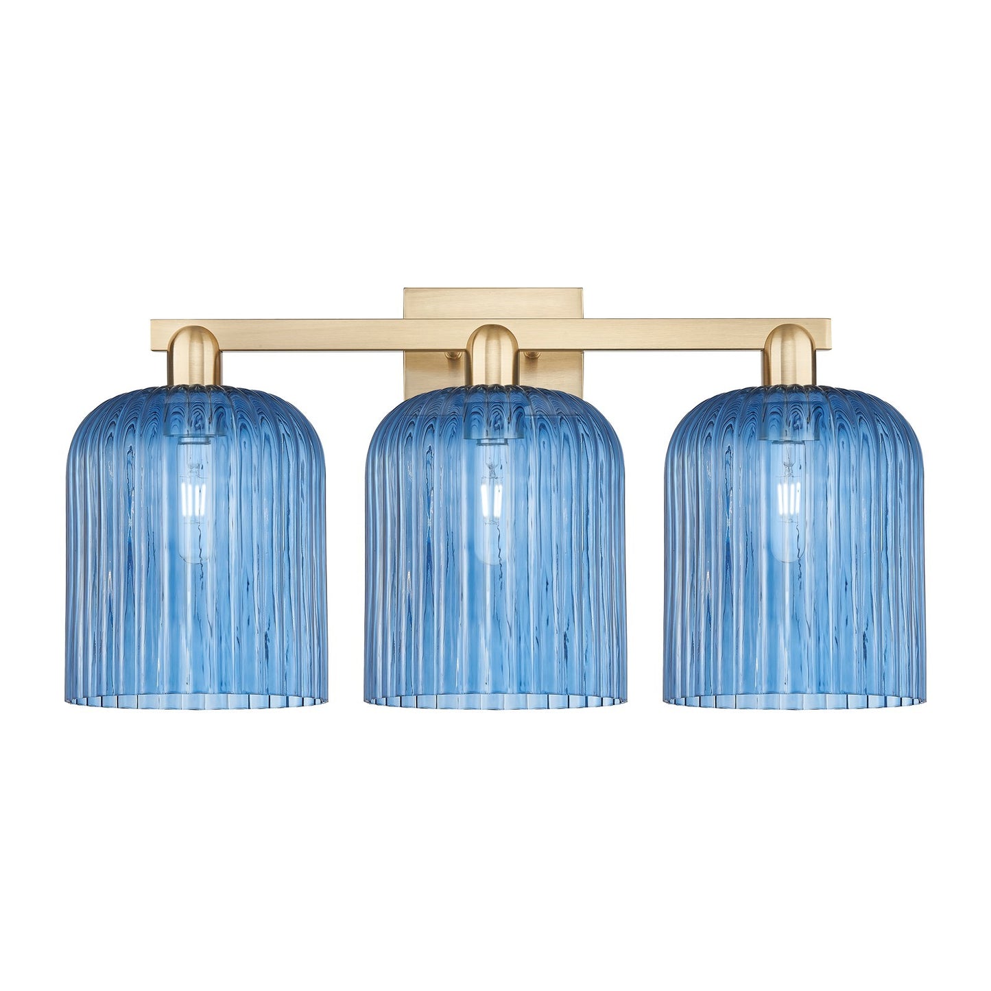 Innovations Bridal Veil 27in 3-Light Bath Vanity Light | Industrial Champagne Bronze Steel and Princess Blue Ribbed Glass | Model 716-3W-CB-G559-8BL