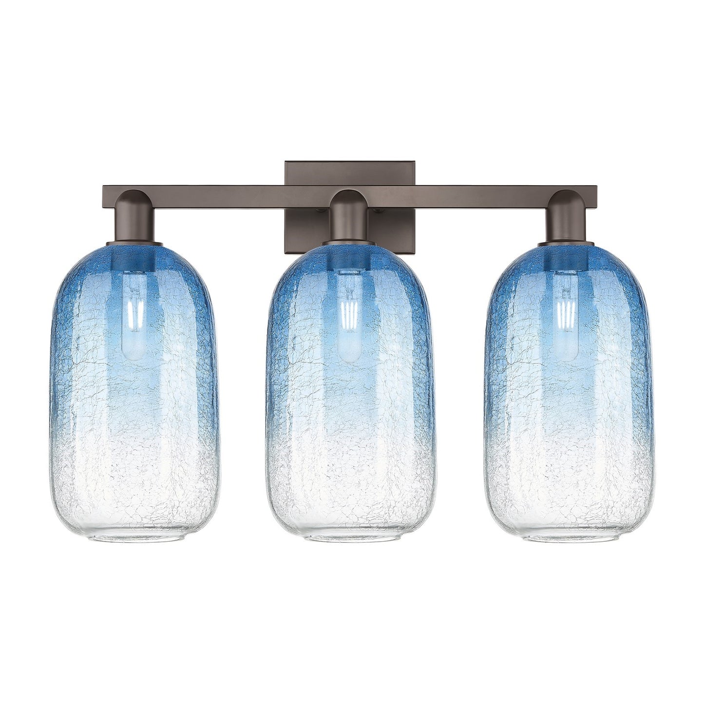 Innovations Brookhaven Cloche 26in 3-Light Bath Vanity | Industrial Oil Rubbed Bronze Steel and Sapphire Blue Glass | Bathroom | Model 716-3W-OB-G482-7SB