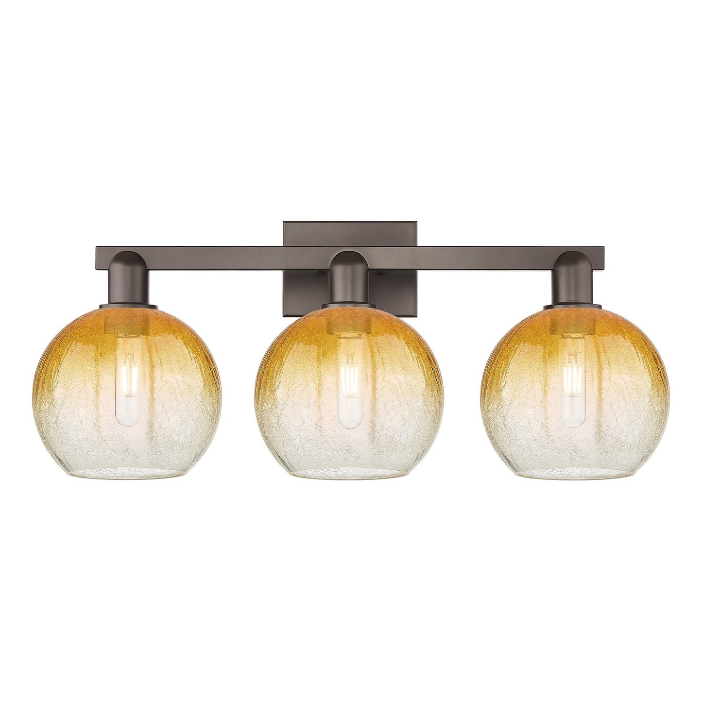 Innovations Brookhaven Globe 27in 3-Light Bath Vanity | Industrial Oil Rubbed Bronze Steel and Amber Glass | Bathroom Vanity | Model 716-3W-OB-G483-8AM