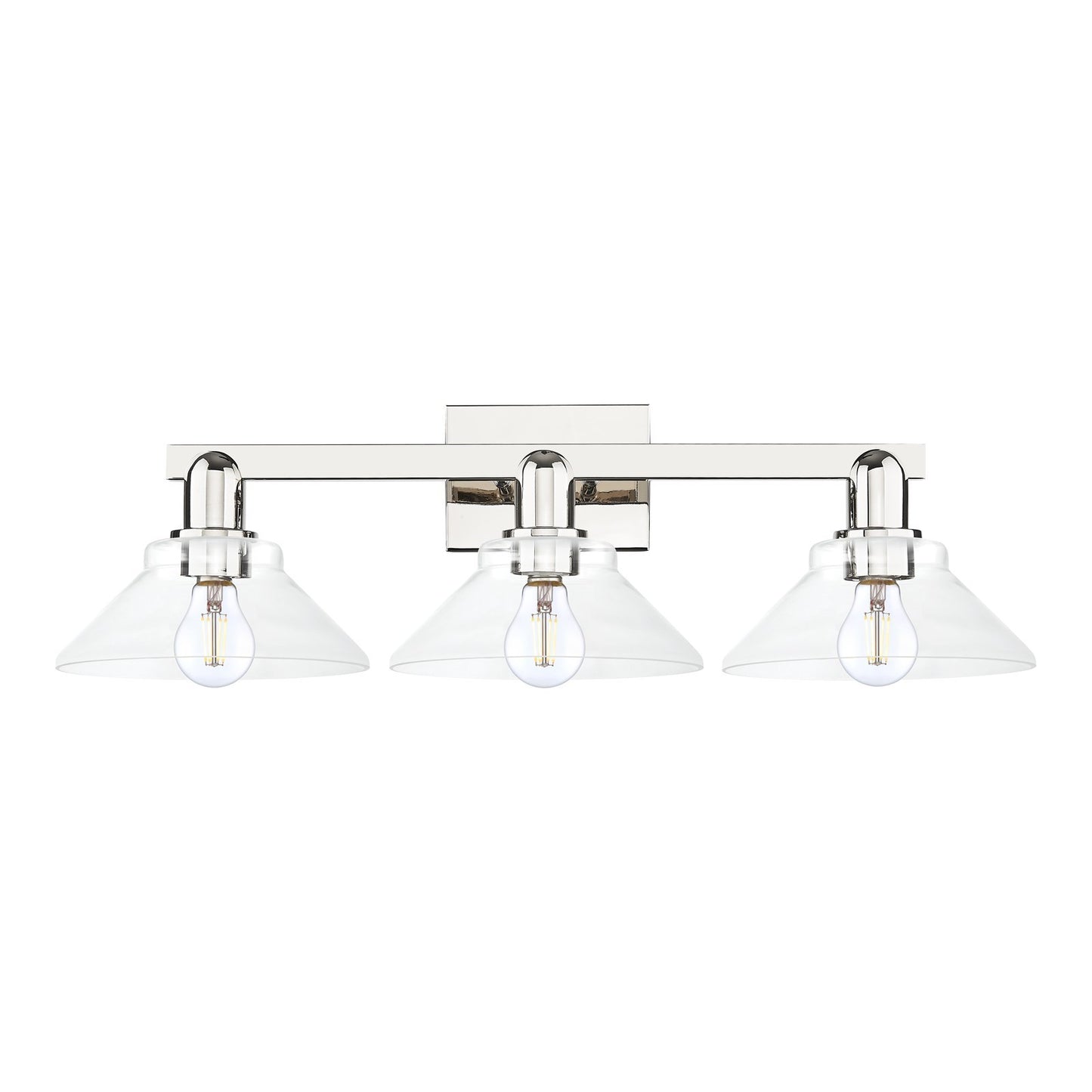 Innovations Orwell 27in 3-Light Bath Vanity Light | Industrial Polished Nickel Steel and Clear Cone Glass | Bathroom Vanity | 27.38 | Model 716-3W-PN-G132