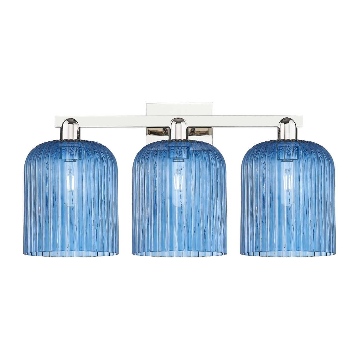 Innovations Bridal Veil 27in 3-Light Bath Vanity | Industrial Modern Polished Nickel and Princess Blue Ribbed Glass | Bathroom | Model 716-3W-PN-G559-8BL
