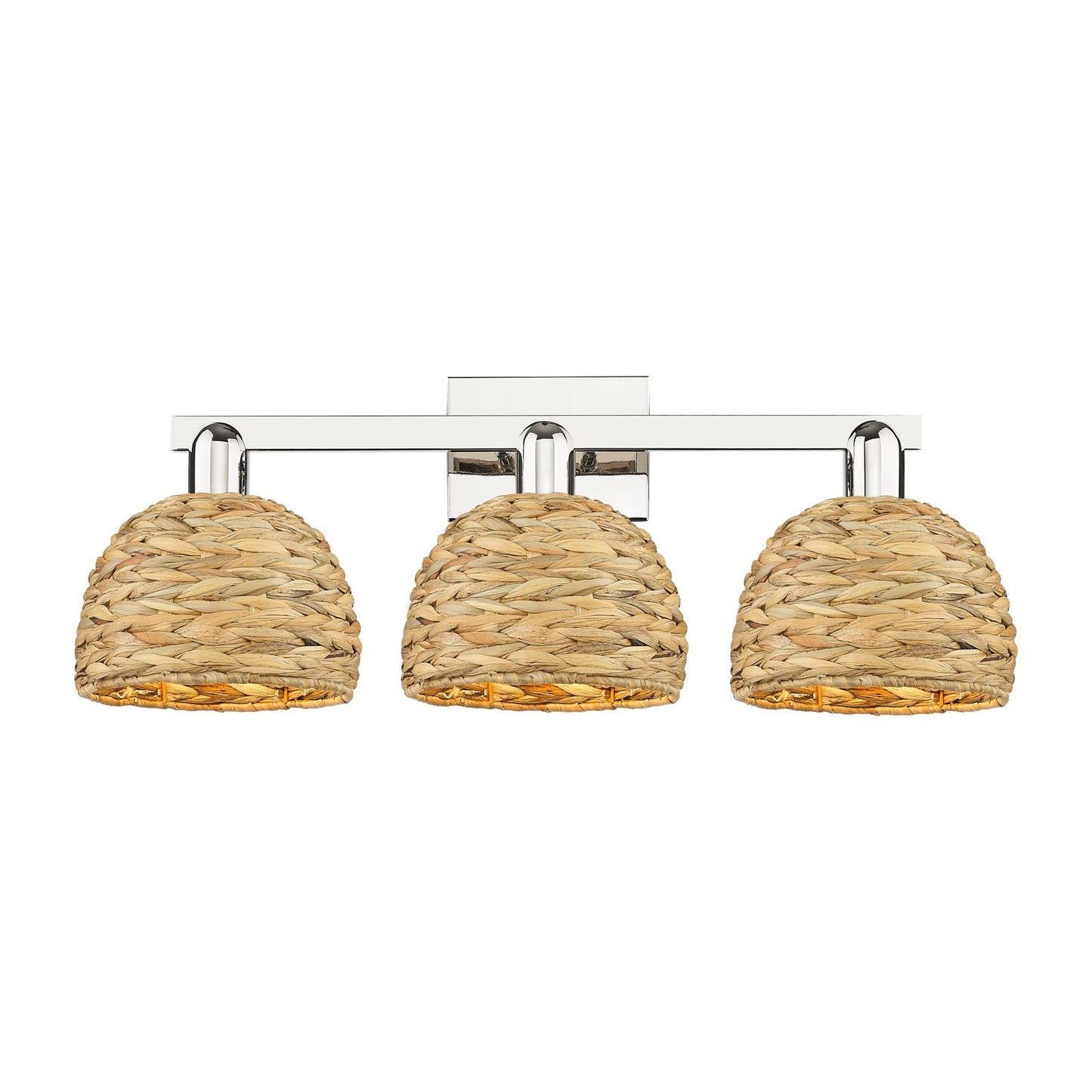 Innovations Woven Rattan 27in 3-Light Bath Vanity Light | Industrial Polished Nickel Steel and Natural Fiber Dome Shade | Model 716-3W-PN-RBD-8-NAT