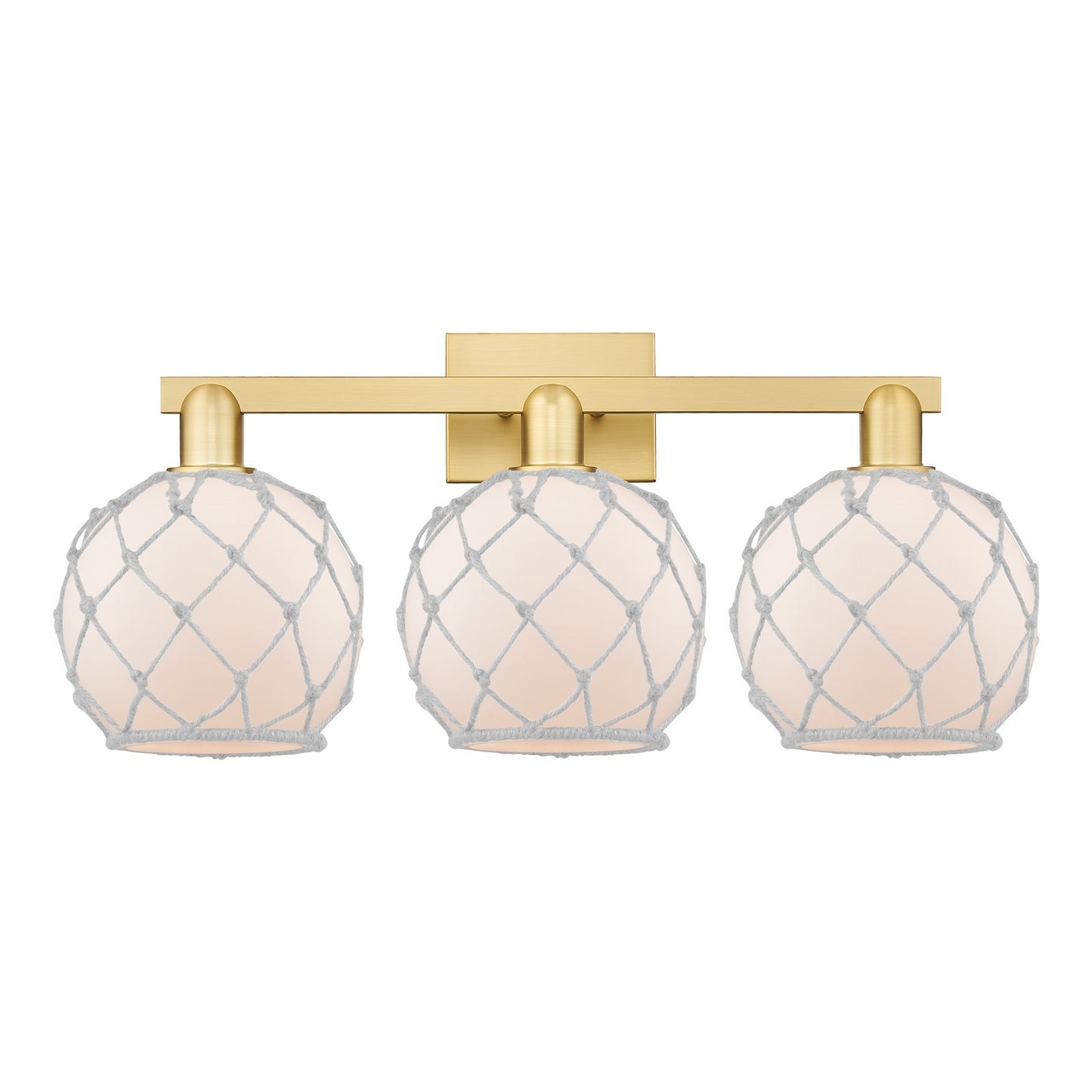 Innovations Farmhouse Rope 27in 3-Light Bath Vanity | Industrial Satin Gold Steel and White Frosted Glass with Rope | Bathroom | Model 716-3W-SG-G121-8RW