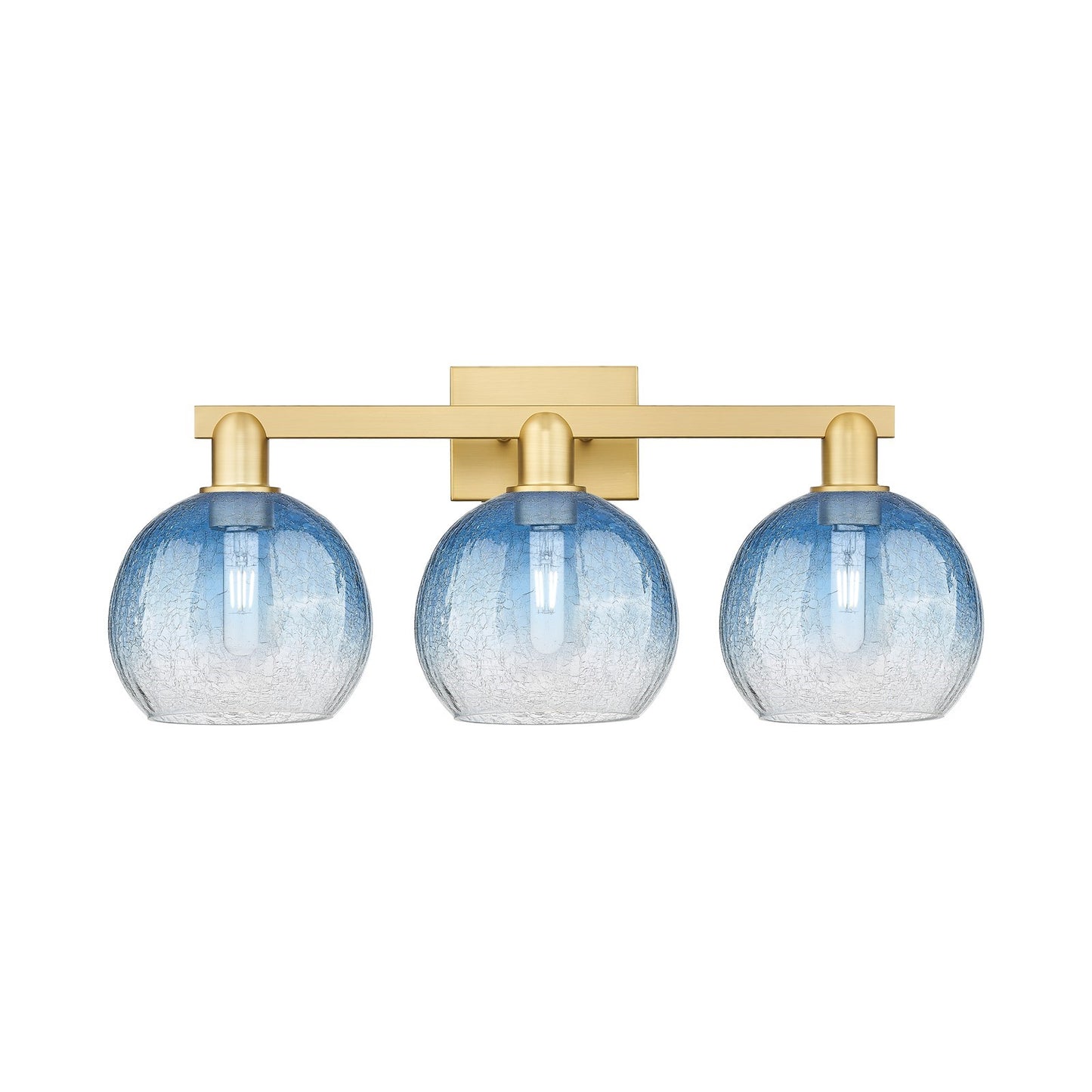 Innovations Brookhaven Globe 27in 3-Light Bath Vanity Light | Industrial Satin Gold Steel and Sapphire Blue Glass | Bathroom | Model 716-3W-SG-G483-8SB