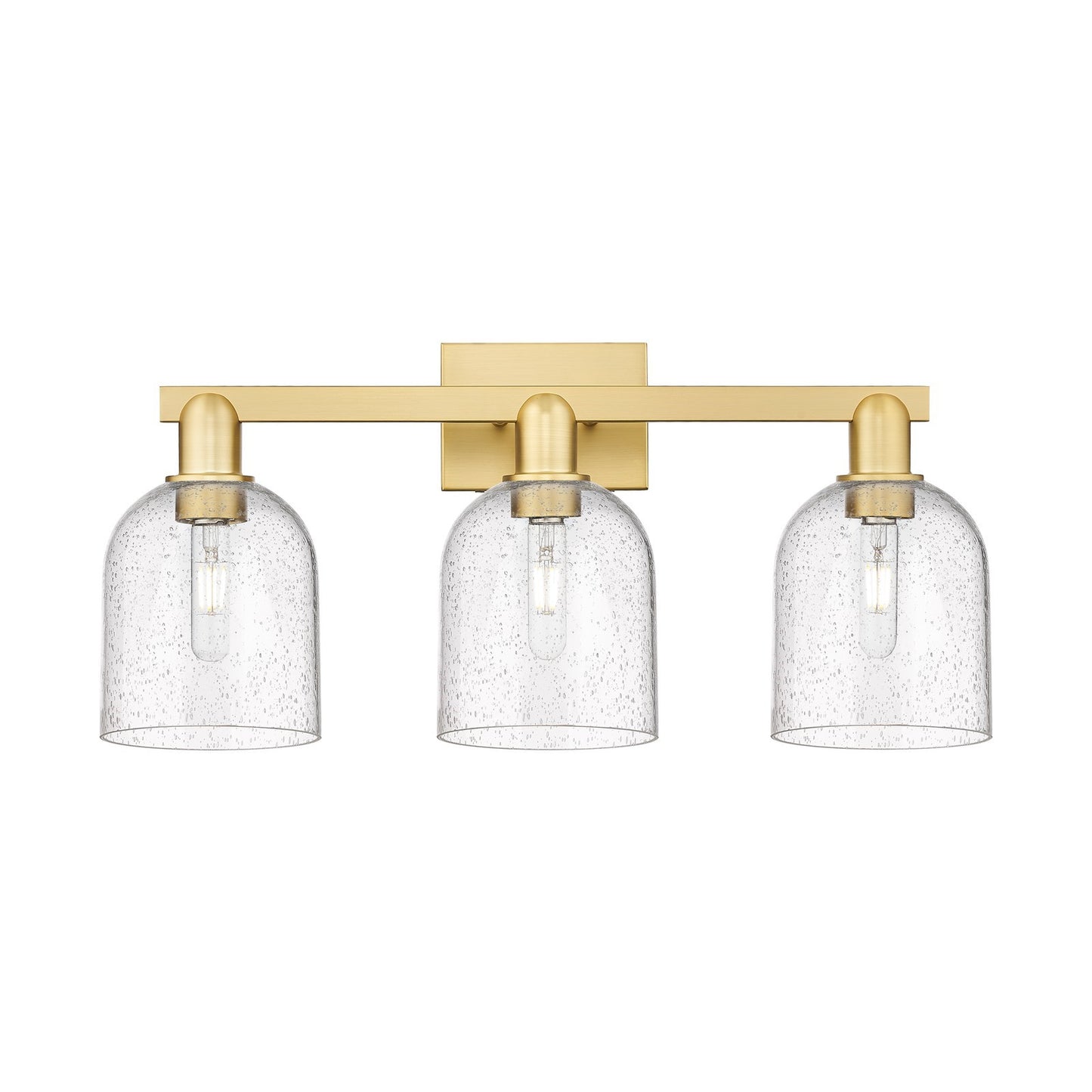 Innovations Bella 25in 3-Light Bath Vanity Light | Satin Gold Steel and Cast Brass with Seedy Bell Glass | Damp-Rated Bathroom | Model 716-3W-SG-G558-6SDY