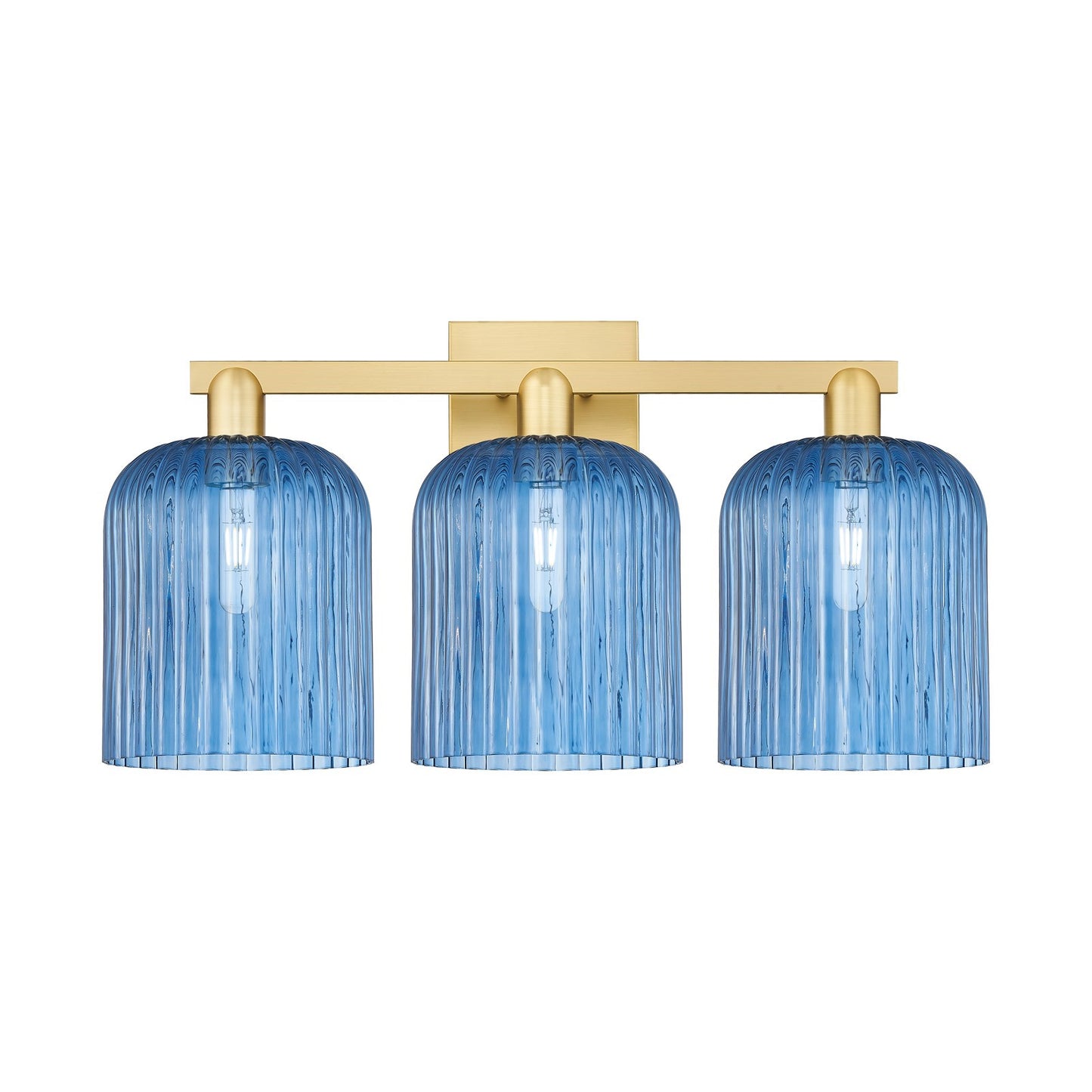 Innovations Bridal Veil 27in 3-Light Bath Vanity Light | Industrial Satin Gold Steel and Princess Blue Ribbed Glass | Bathroom | Model 716-3W-SG-G559-8BL