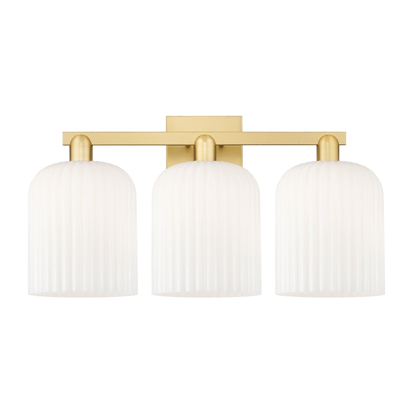 Innovations Bridal Veil 27in 3-Light Bath Vanity | Satin Gold Steel and Cast Brass with Gloss White Ribbed Glass Shades | Model 716-3W-SG-G559-8GWH