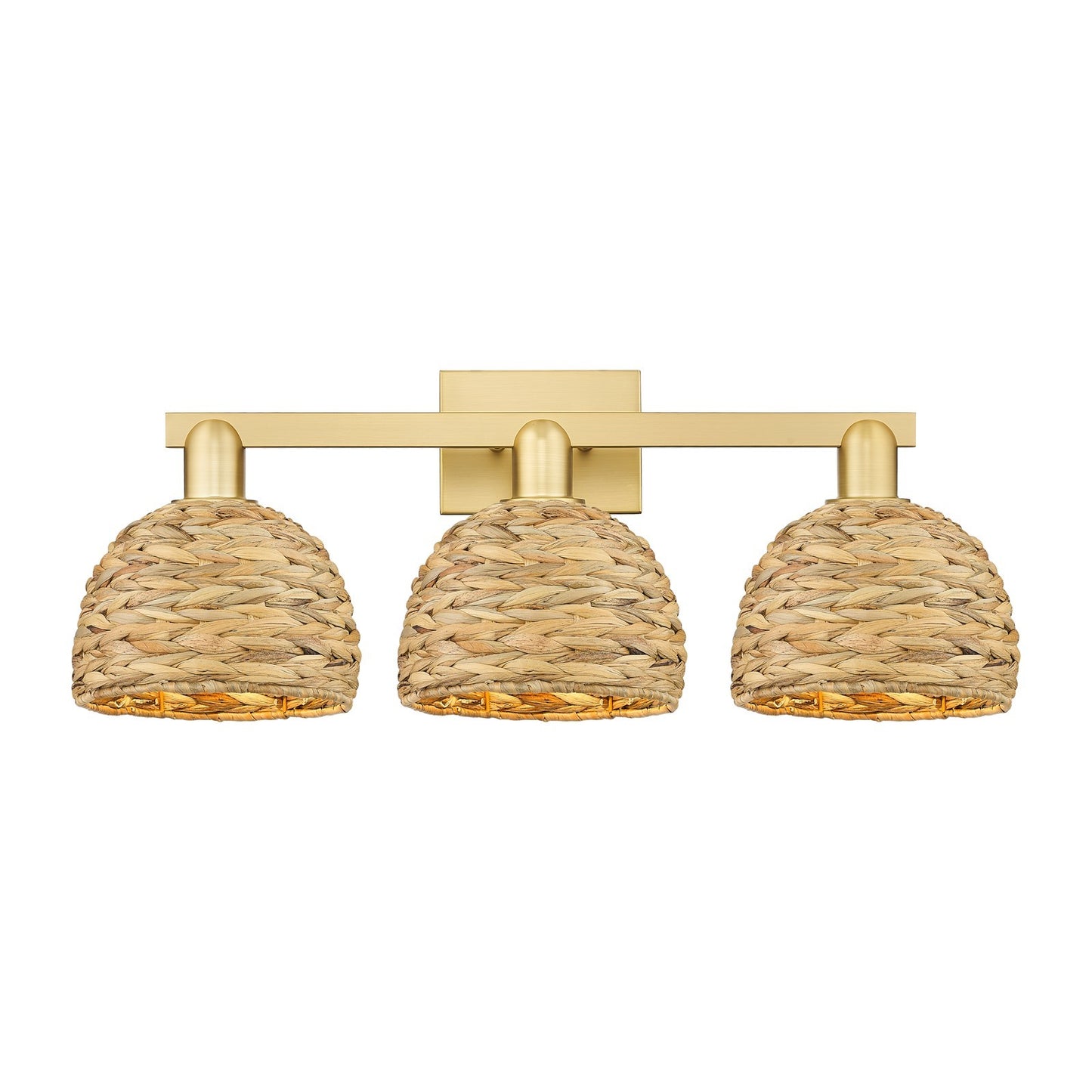 Innovations Woven Rattan 27in 3-Light Bath Vanity | Industrial Satin Gold Steel and Natural Fiber Shade | Bathroom Vanity | 27 | Model 716-3W-SG-RBD-8-NAT
