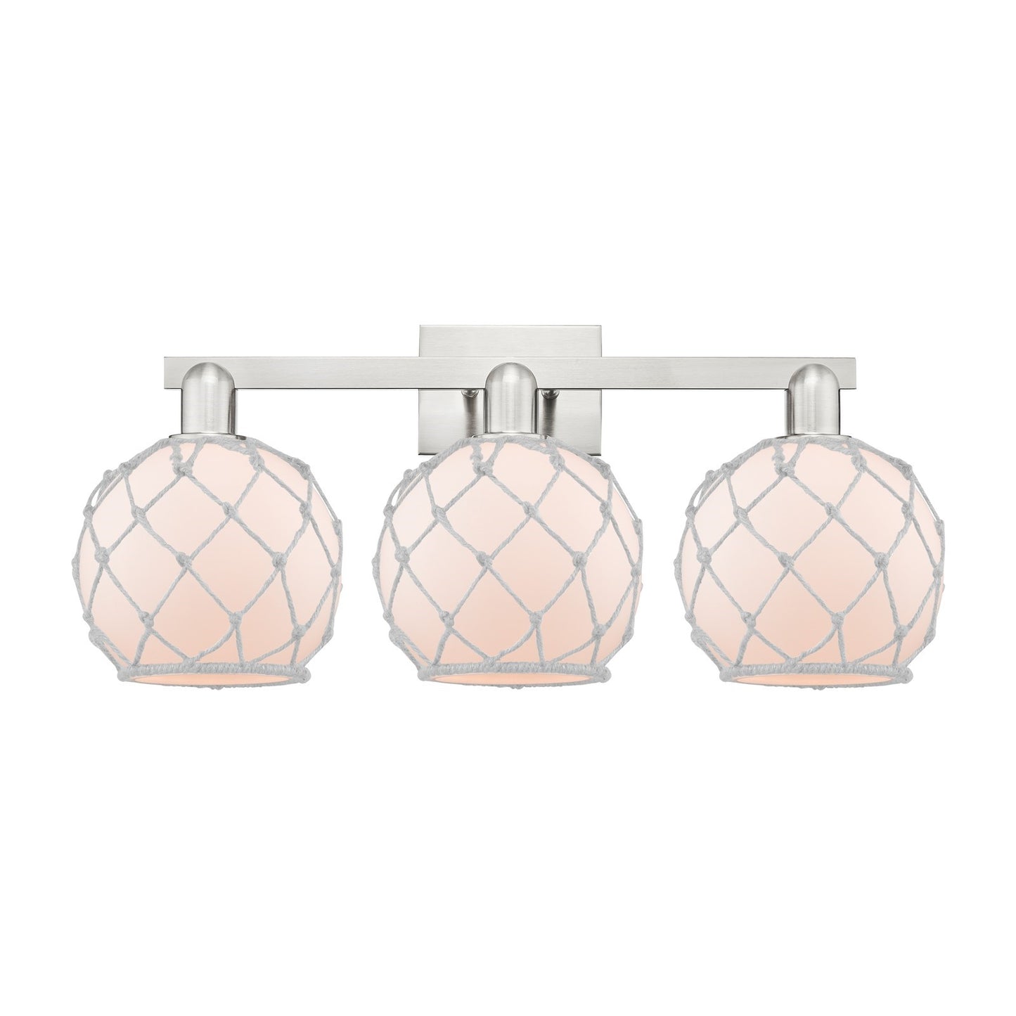 Innovations Farmhouse Rope 27in 3-Light Bath Vanity Light | Industrial Brushed Satin Nickel and White Frosted Glass with Rope | Model 716-3W-SN-G121-8RW