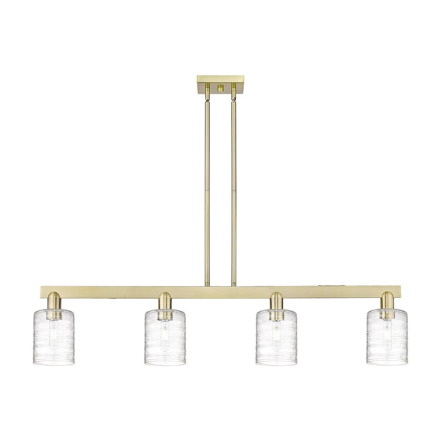 Innovations Cobbleskill 48in 4-Light Island Light | Industrial Antique Brass Steel and Deco Swirl Clear Glass | Kitchen Island | Model 716-4I-AB-G1113