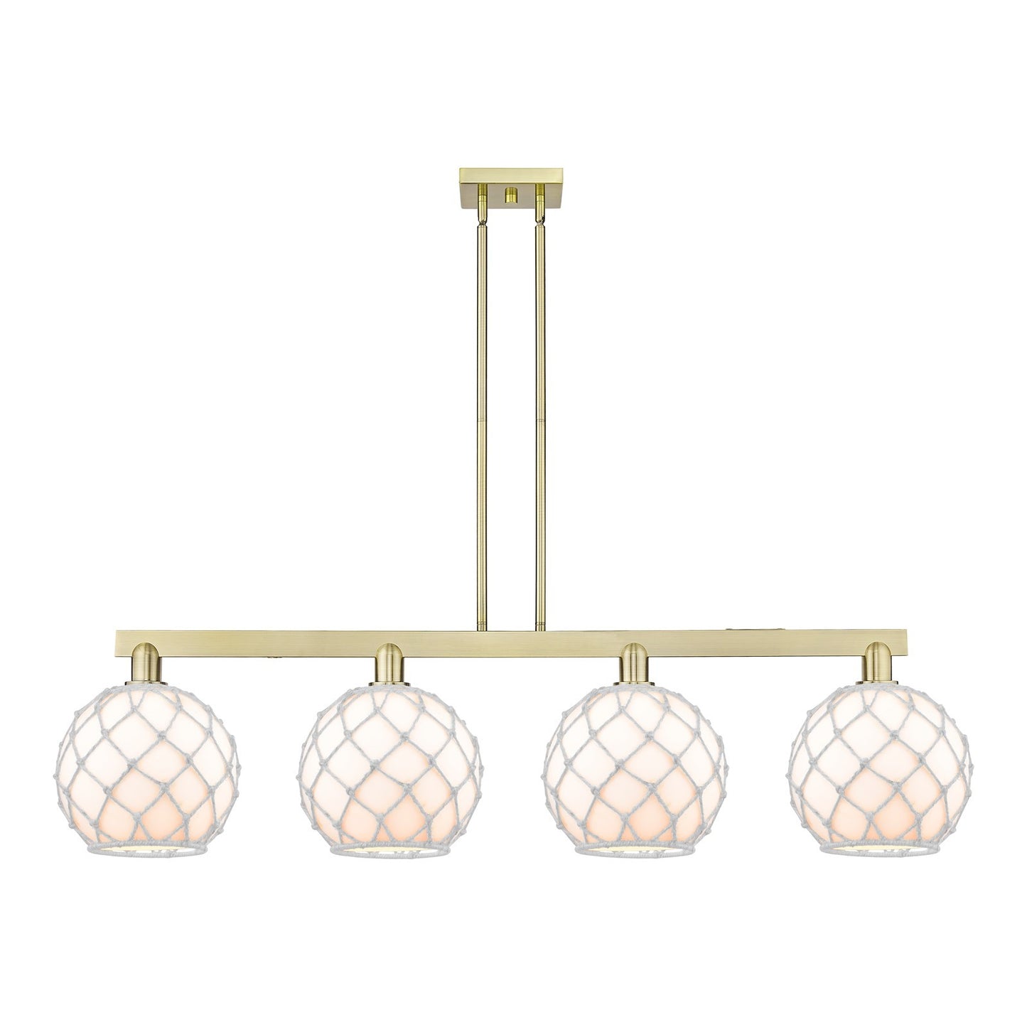 Innovations Farmhouse Rope 53in 4-Light Island Light | Industrial Antique Brass Steel and White Glass with Rope | Kitchen | Model 716-4I-AB-G121-10RW