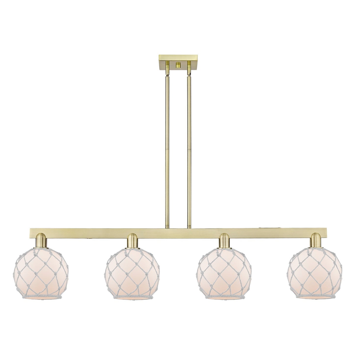 Innovations Farmhouse Rope 51in 4-Light Island Light | Industrial Antique Brass Steel and White Frosted Glass with Rope | Model 716-4I-AB-G121-8RW
