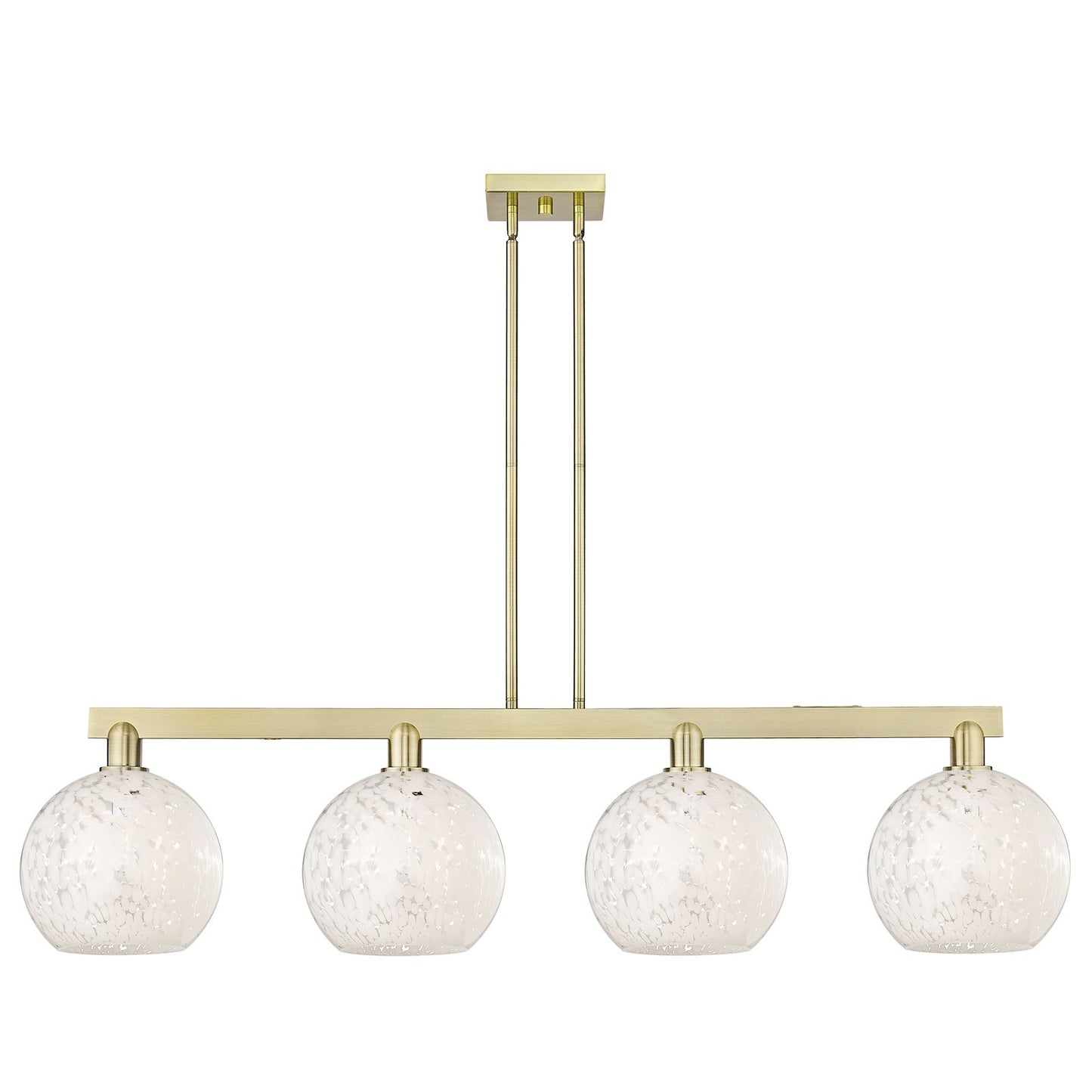 Innovations Lighting White Mouchette 51in 4-Light Island Light | Industrial Antique Brass Steel and White Glass | Kitchen | Model 716-4I-AB-G1216-8WM