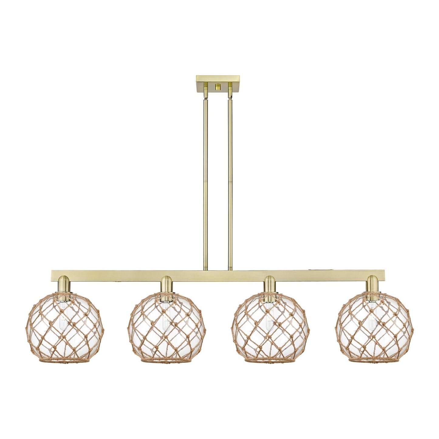 Innovations Farmhouse Rope 53in 4-Light Island Light | Industrial Antique Brass Steel and Clear Glass with Brown Rope | Model 716-4I-AB-G122-10RB