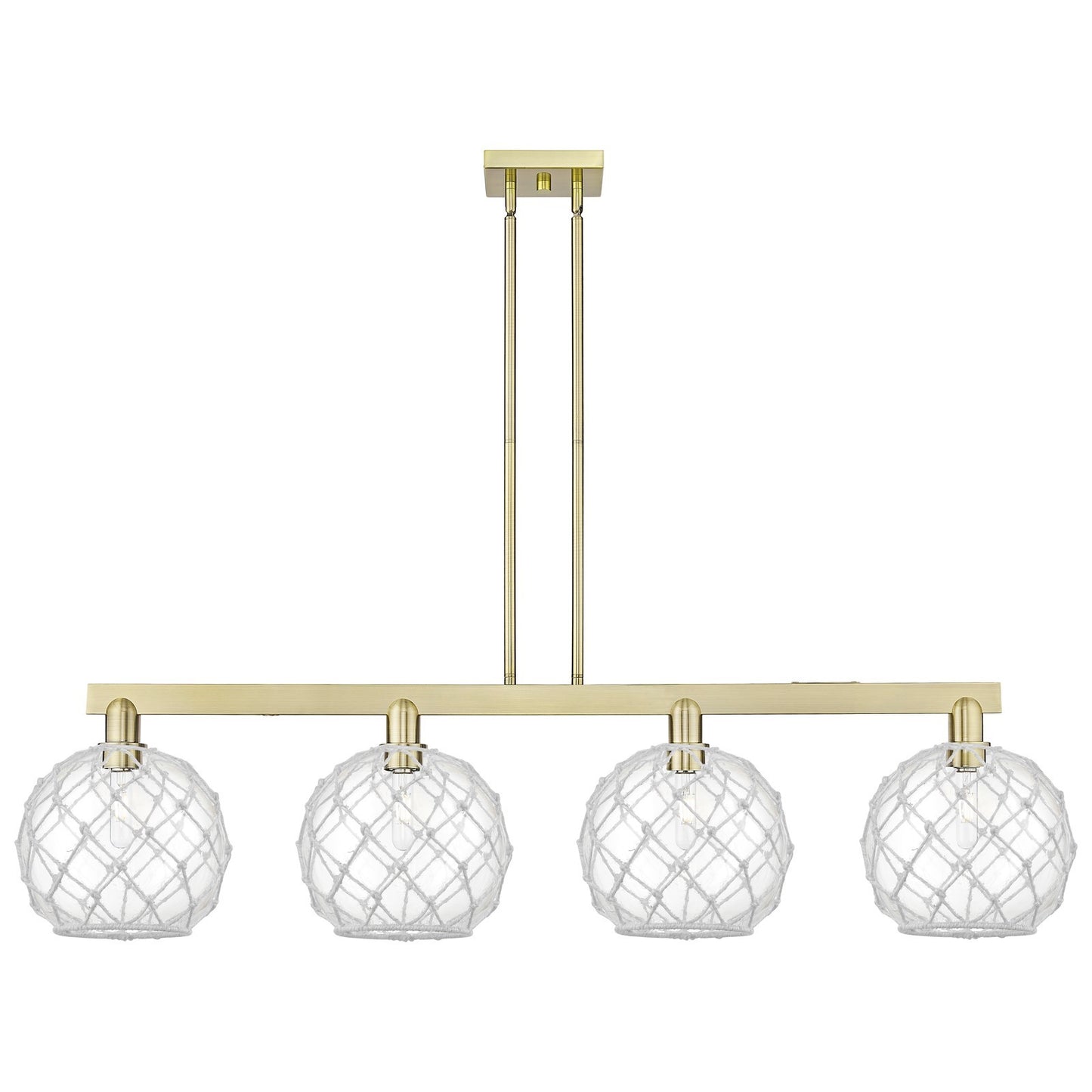 Innovations Farmhouse Rope 53in 4-Light Island Light | Industrial Antique Brass and Clear Glass with White Rope | Kitchen | Model 716-4I-AB-G122-10RW