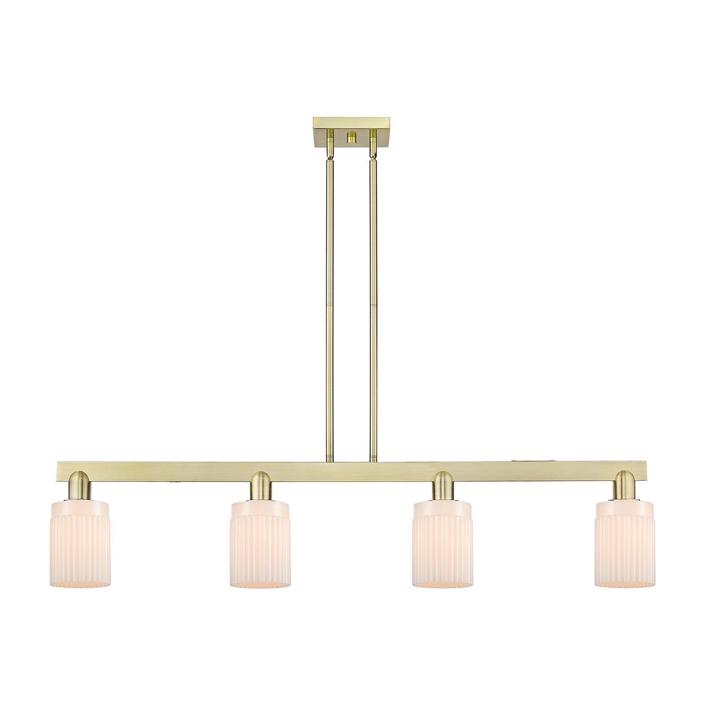 Innovations Hadley 47in 4-Light Island Light | Industrial Antique Brass and Matte White Glass | Kitchen Island | 47.25 x 9.88 in | Model 716-4I-AB-G341