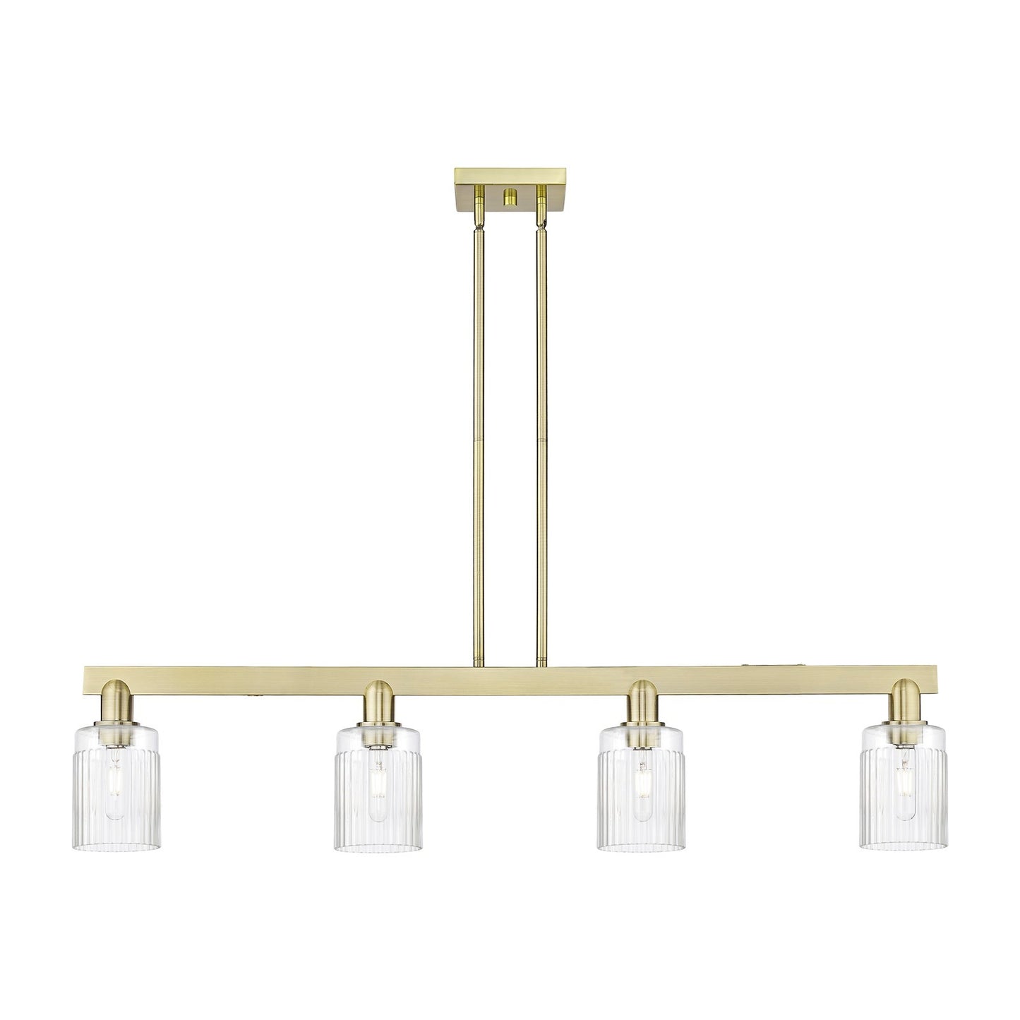 Innovations Hadley 47in 4-Light Island Light | Industrial Antique Brass Steel and Clear Ribbed Glass | Kitchen Island & Dining Room | Model 716-4I-AB-G342