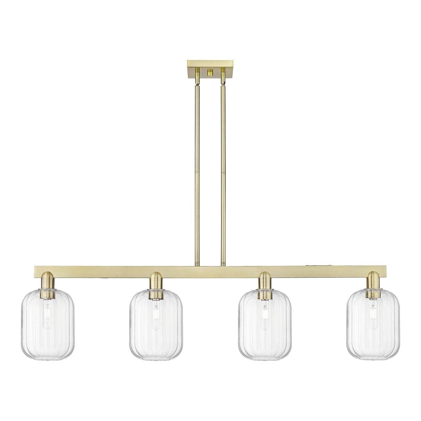 Innovations Preston Cylinder 49.5in 4-Light Island Light | Industrial Antique Brass Steel and Clear Glass | Kitchen Island & | Model 716-4I-AB-G460-7CL