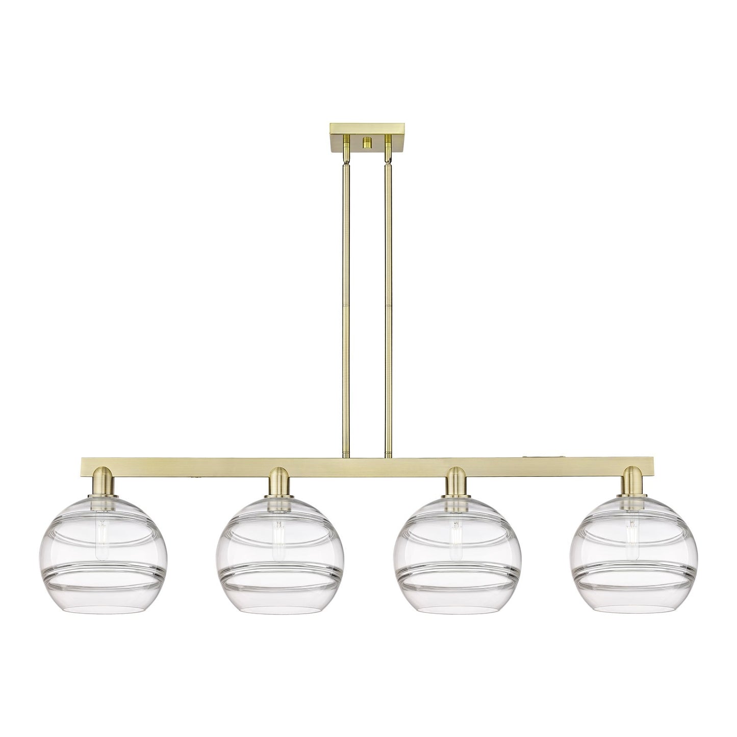 Innovations Rochester 53in 4-Light Island Light | Industrial Antique Brass Steel and Clear Glass | Kitchen Island & Dining | Model 716-4I-AB-G556-10CL