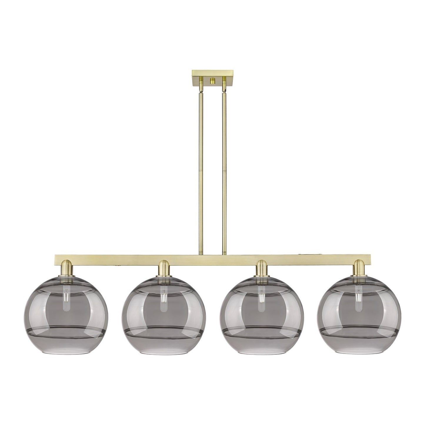 Innovations Rochester 55in 4-Light Island Light | Industrial Antique Brass and Light Smoke Glass | Kitchen Island & Dining | Model 716-4I-AB-G556-12SM
