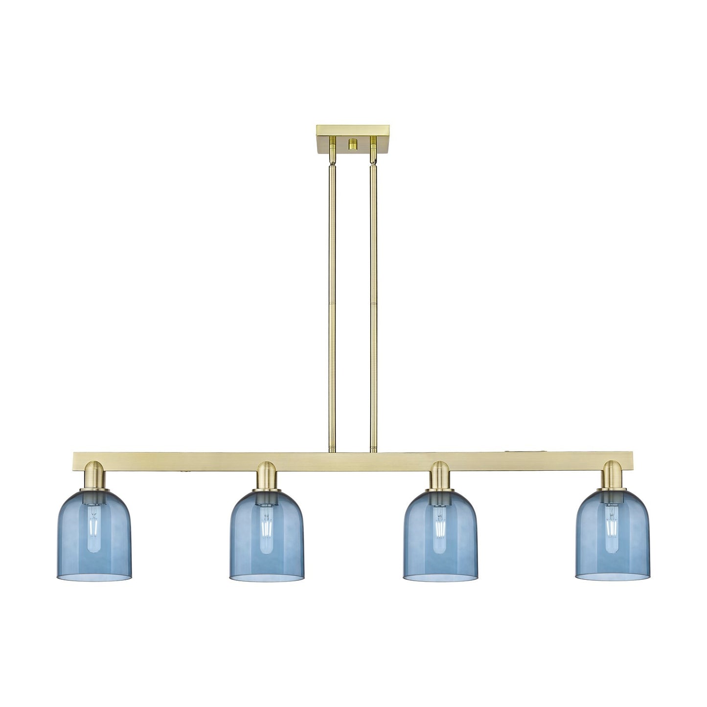 Innovations Bella 48in 4-Light Island Light | Industrial Antique Brass and Blue Glass | Kitchen Island & Dining Room | Model 716-4I-AB-G558-6BL
