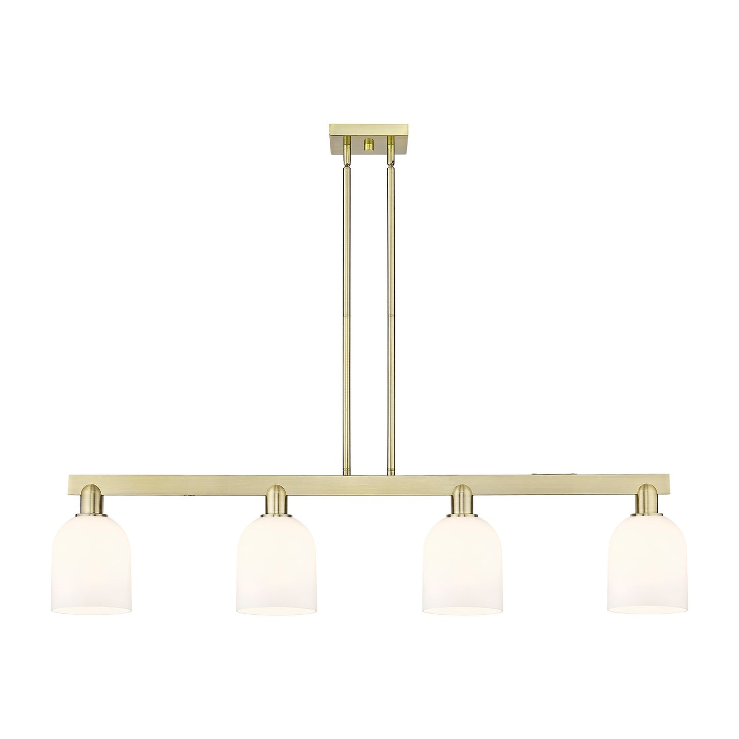 Innovations Bella 48in 4-Light Island Light | Industrial Antique Brass Steel and White Glass | Kitchen Island & Dining Room | Model 716-4I-AB-G558-6GWH