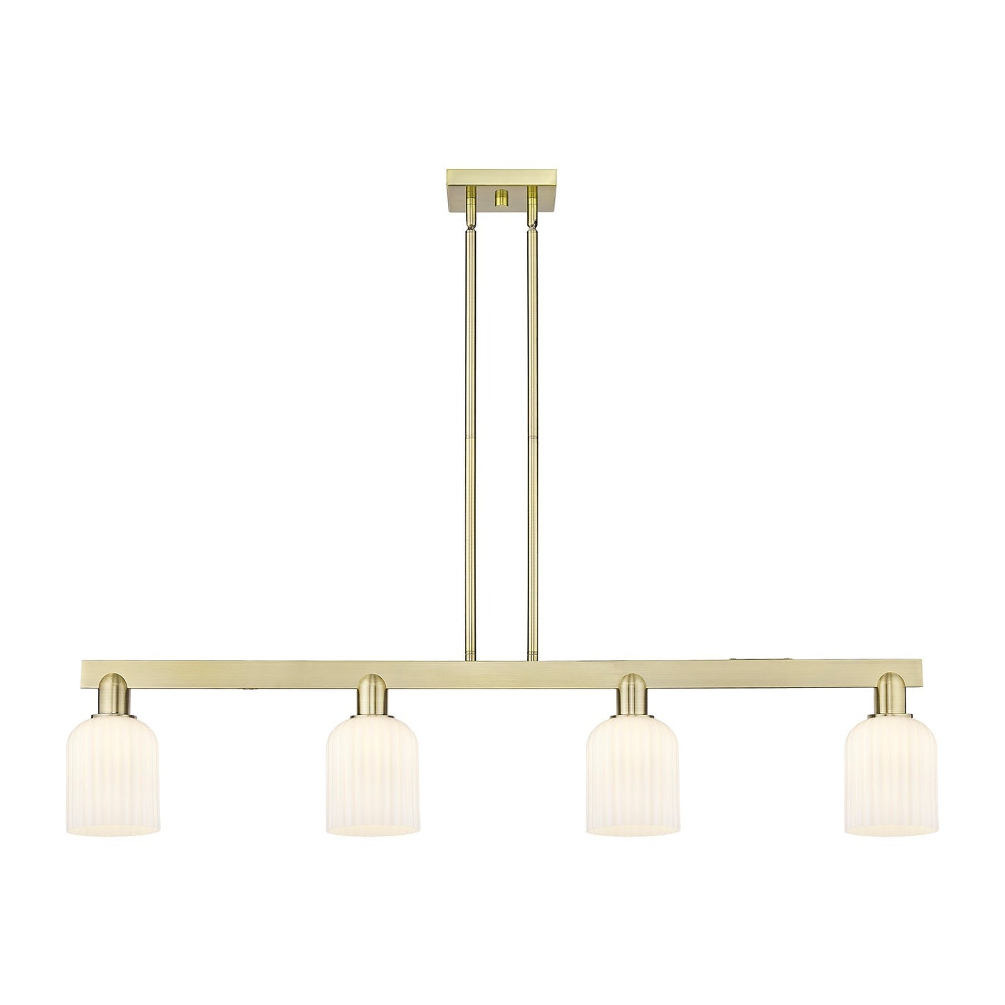 Innovations Bridal Veil 48in 4-Light Island Light | Industrial Antique Brass Steel and Gloss White Ribbed Glass | Kitchen | Model 716-4I-AB-G559-5GWH