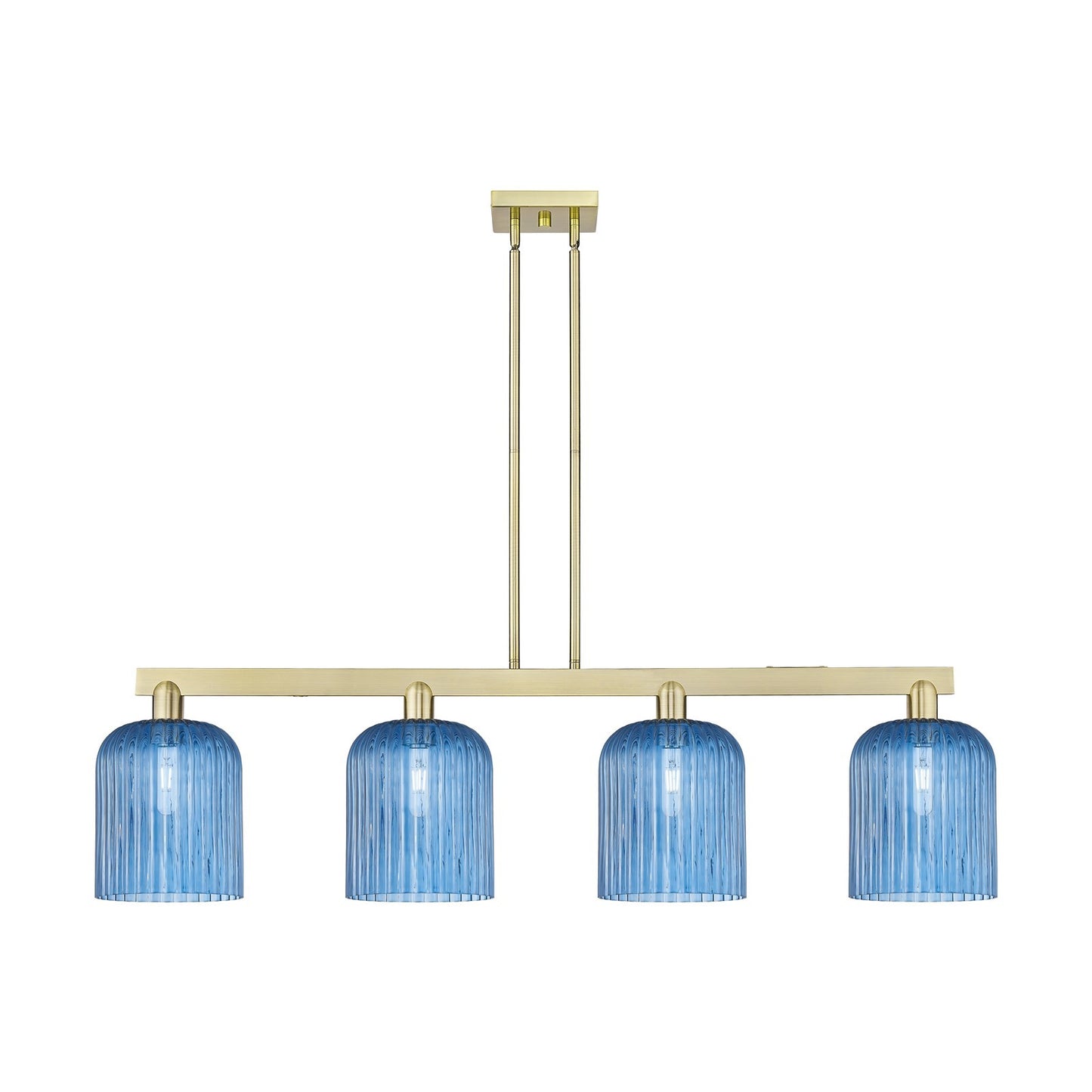 Innovations Bridal Veil 51in 4-Light Island Light | Industrial Antique Brass Steel and Princess Blue Ribbed Glass | Kitchen | Model 716-4I-AB-G559-8BL
