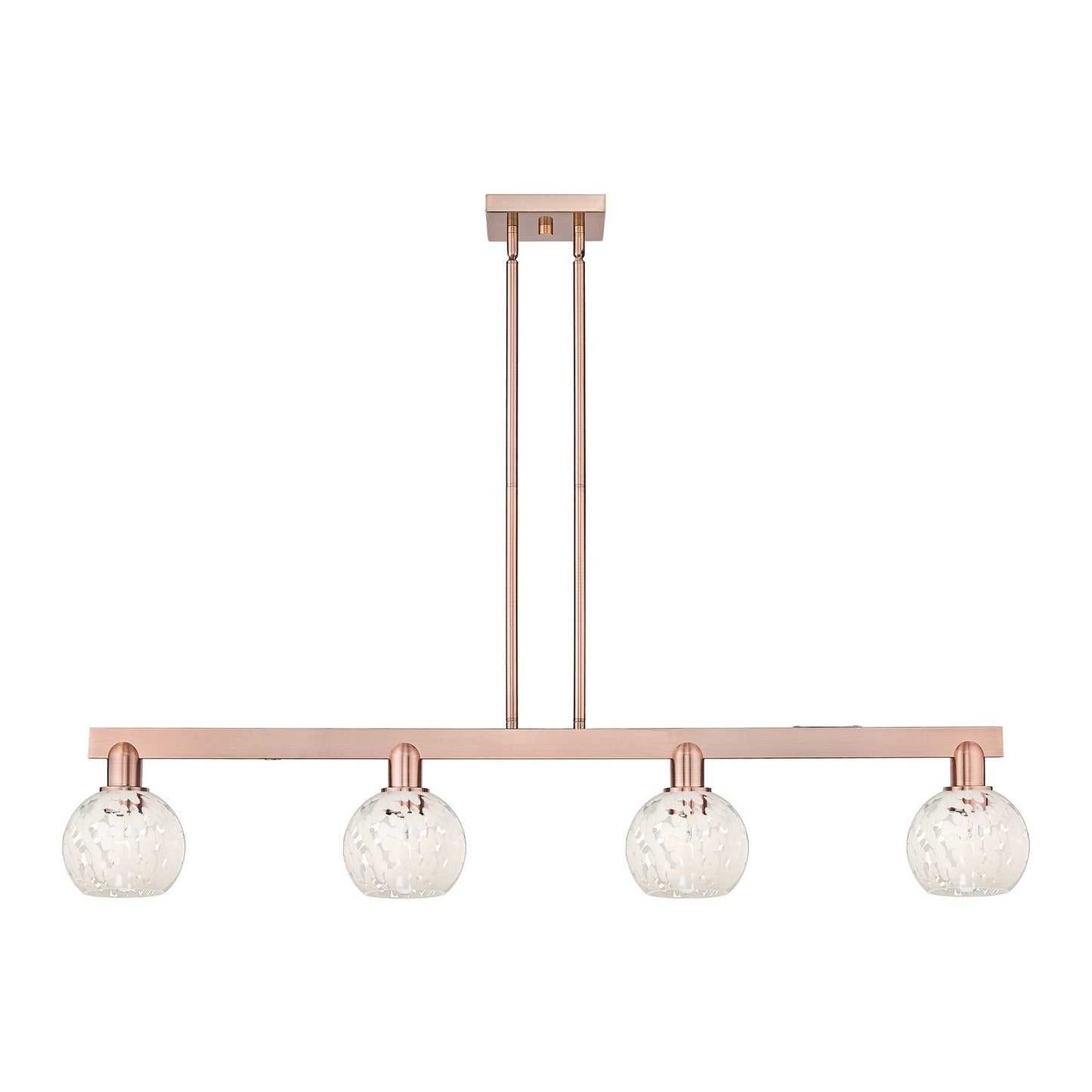 Innovations Lighting White Mouchette 49in 4-Light Island Light | Industrial Antique Copper and White Mouchette Glass | Kitchen | Model 716-4I-AC-G1216-6WM