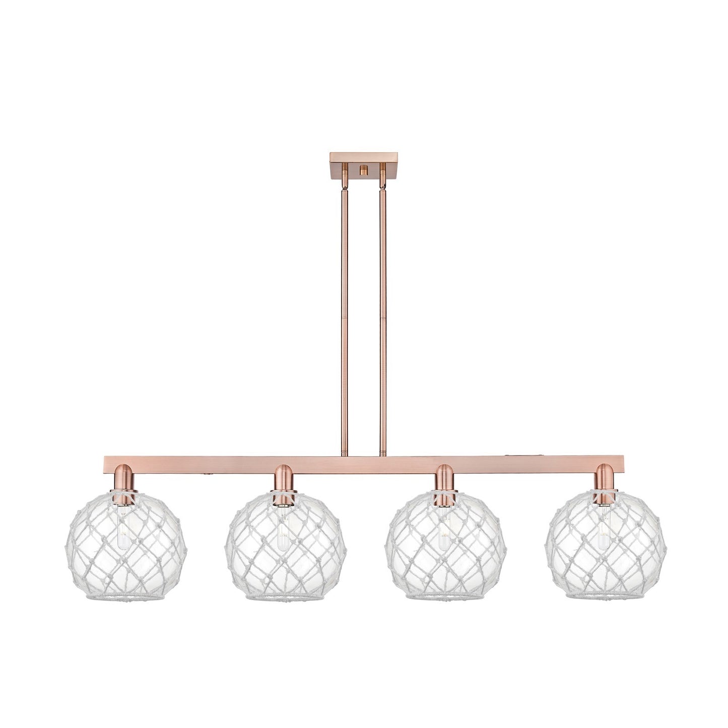 Innovations Farmhouse Rope 53in 4-Light Island Light | Industrial Antique Copper Steel and Clear Glass with White Rope | Model 716-4I-AC-G122-10RW