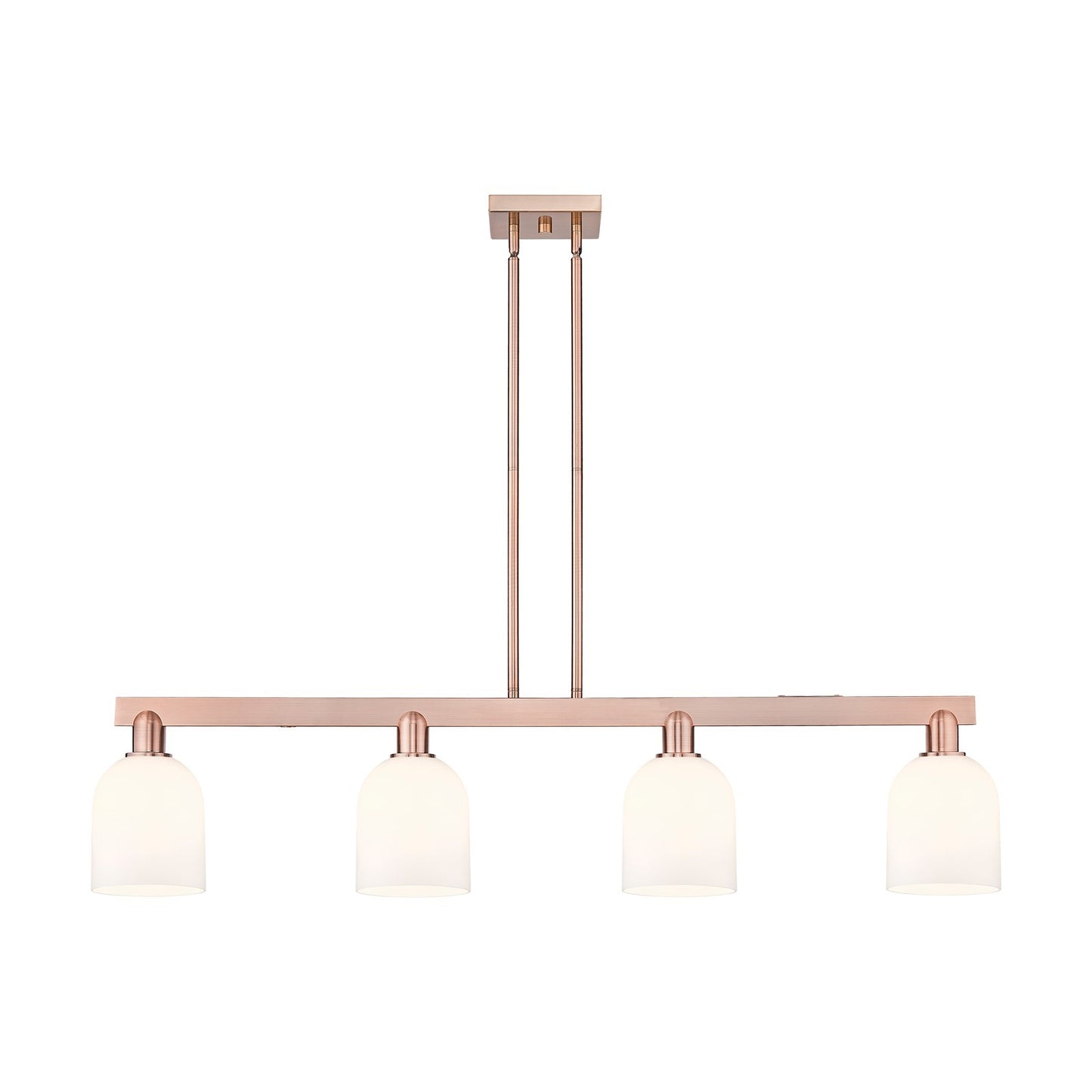 Innovations Bella 48in 4-Light Island Light | Industrial Antique Copper Steel and White Glass | Kitchen Island & Dining Room | Model 716-4I-AC-G558-6GWH