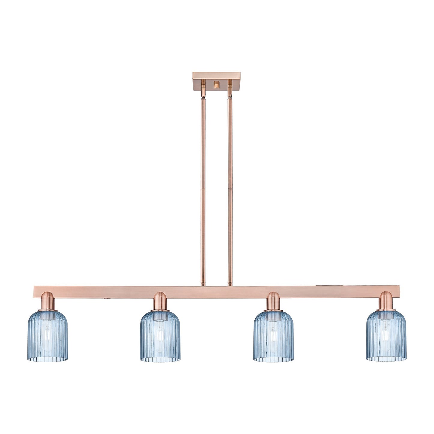 Innovations Bridal Veil 48in 4-Light Island Light | Industrial Antique Copper Steel and Princess Blue Ribbed Glass | Kitchen | Model 716-4I-AC-G559-5BL